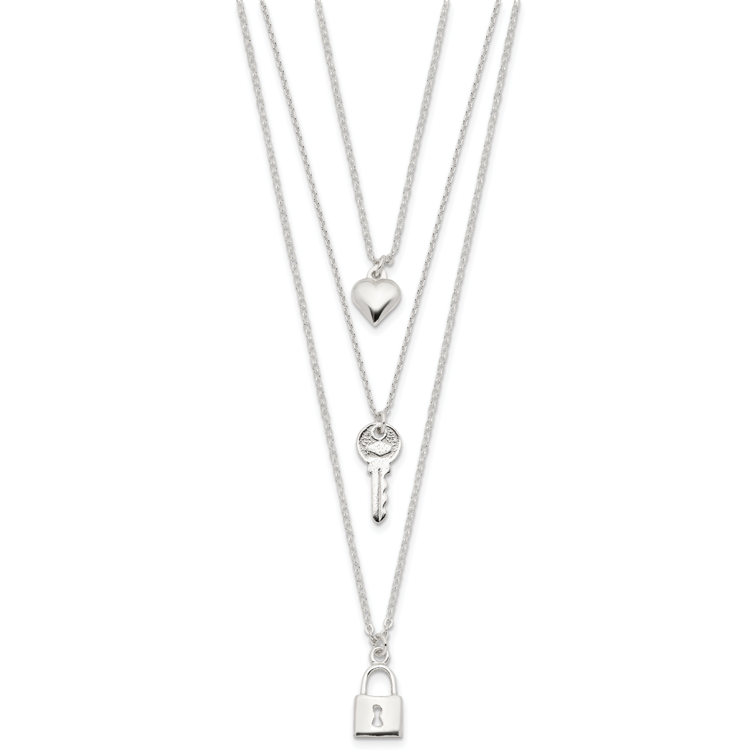 Sterling Silver Lock, Heart and Key Multi-Strand 16in Necklace