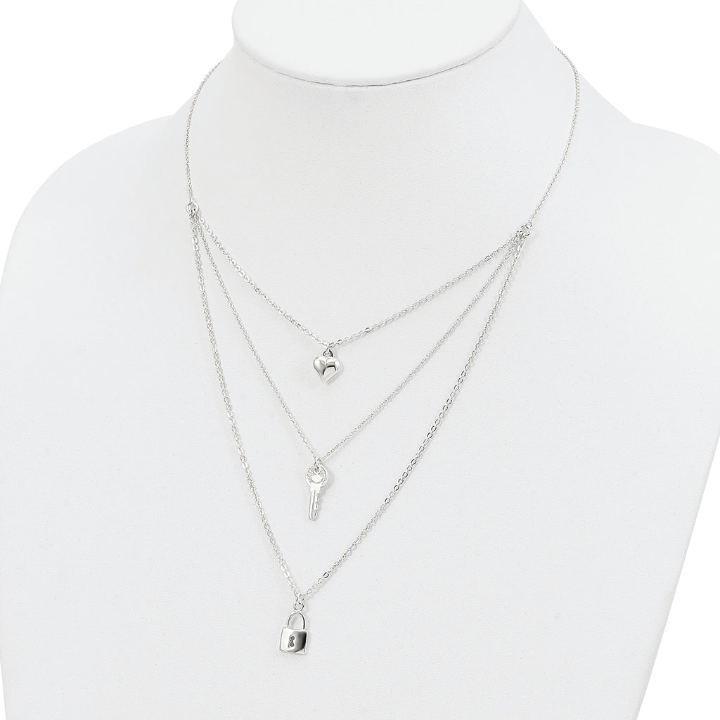 Sterling Silver Lock, Heart and Key Multi-Strand 16in Necklace