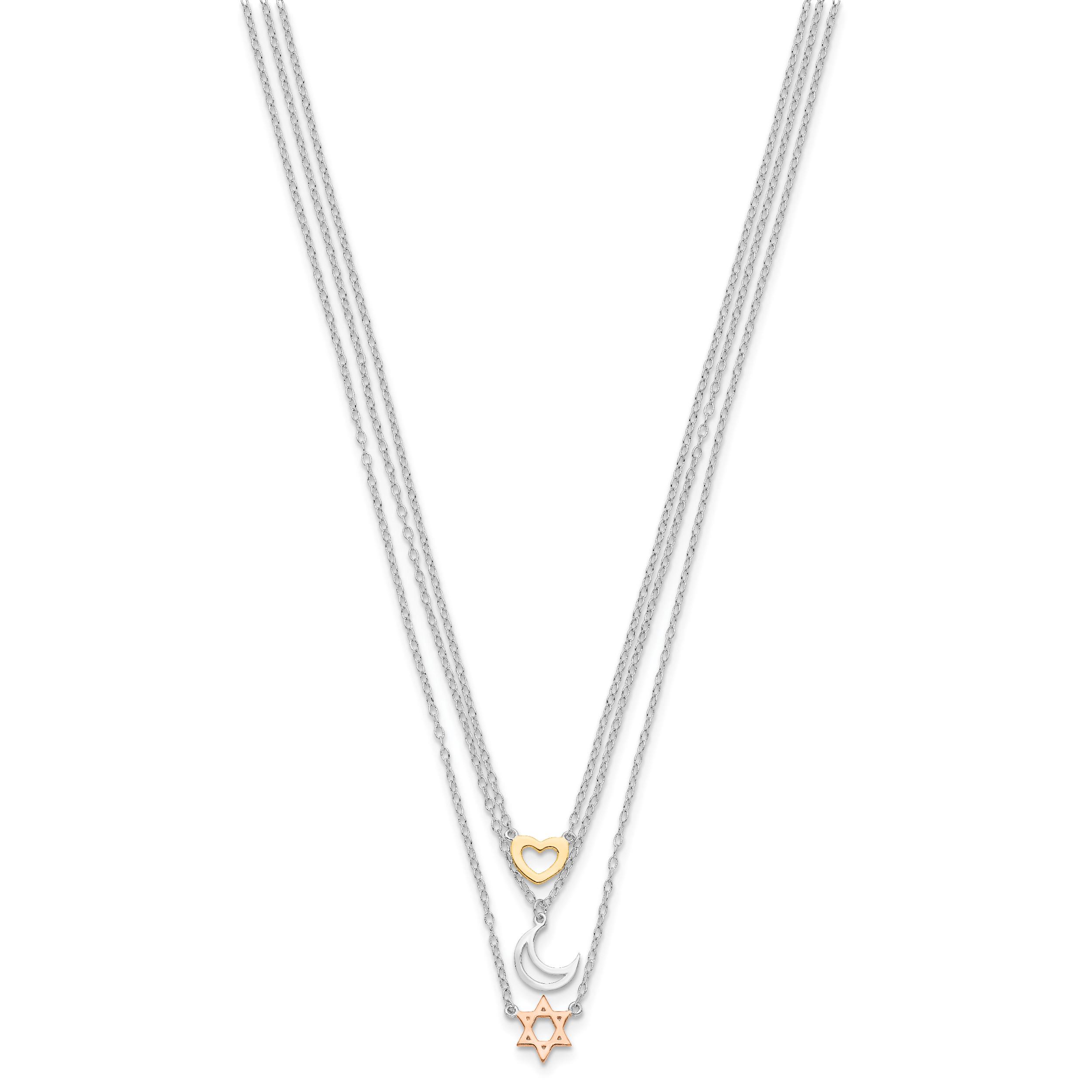 Sterling Silver RH-pltd Gold and Rose-tone Sun Moon Star Necklace Secondary image