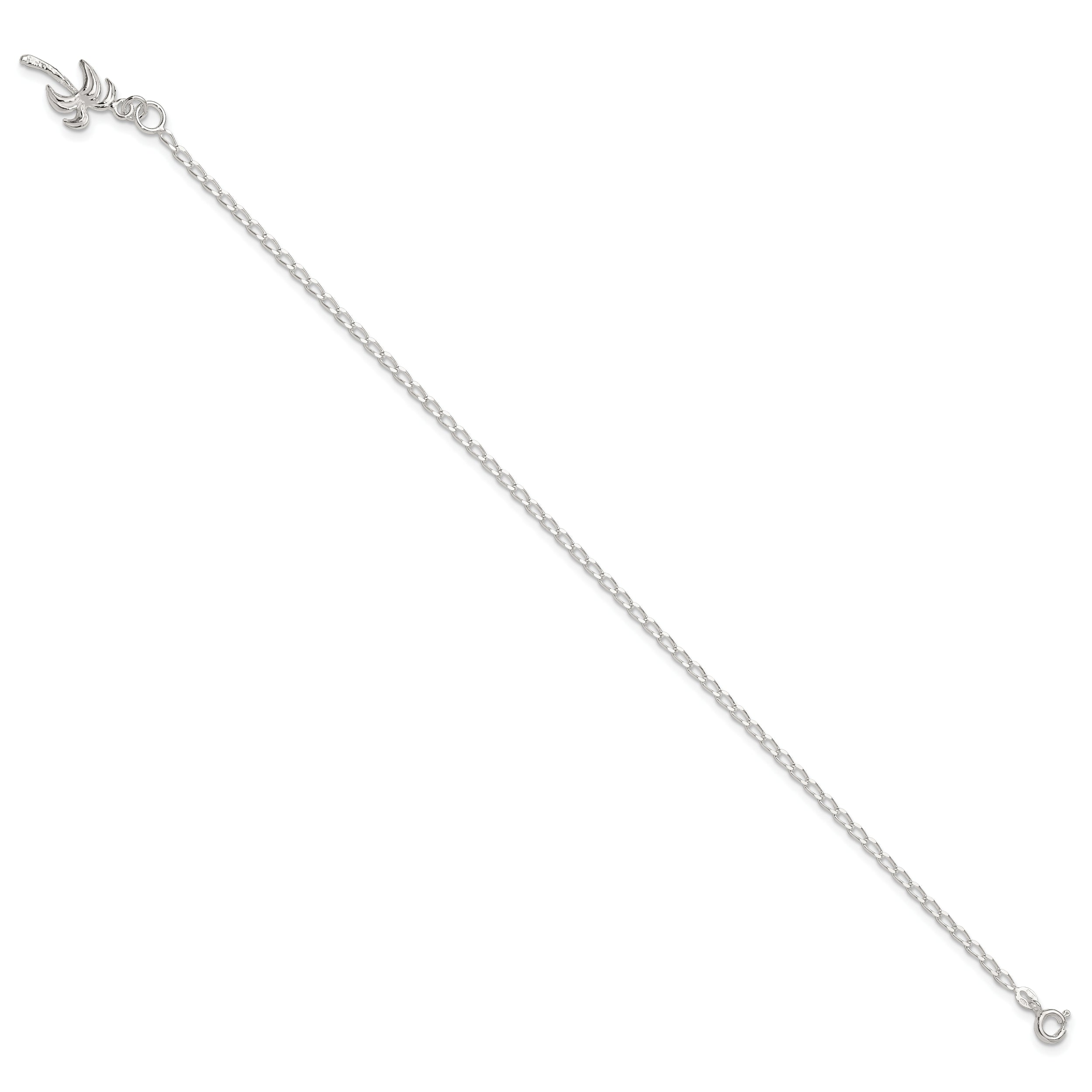 Sterling Silver 10inch Solid Polished Palm Tree Anklet