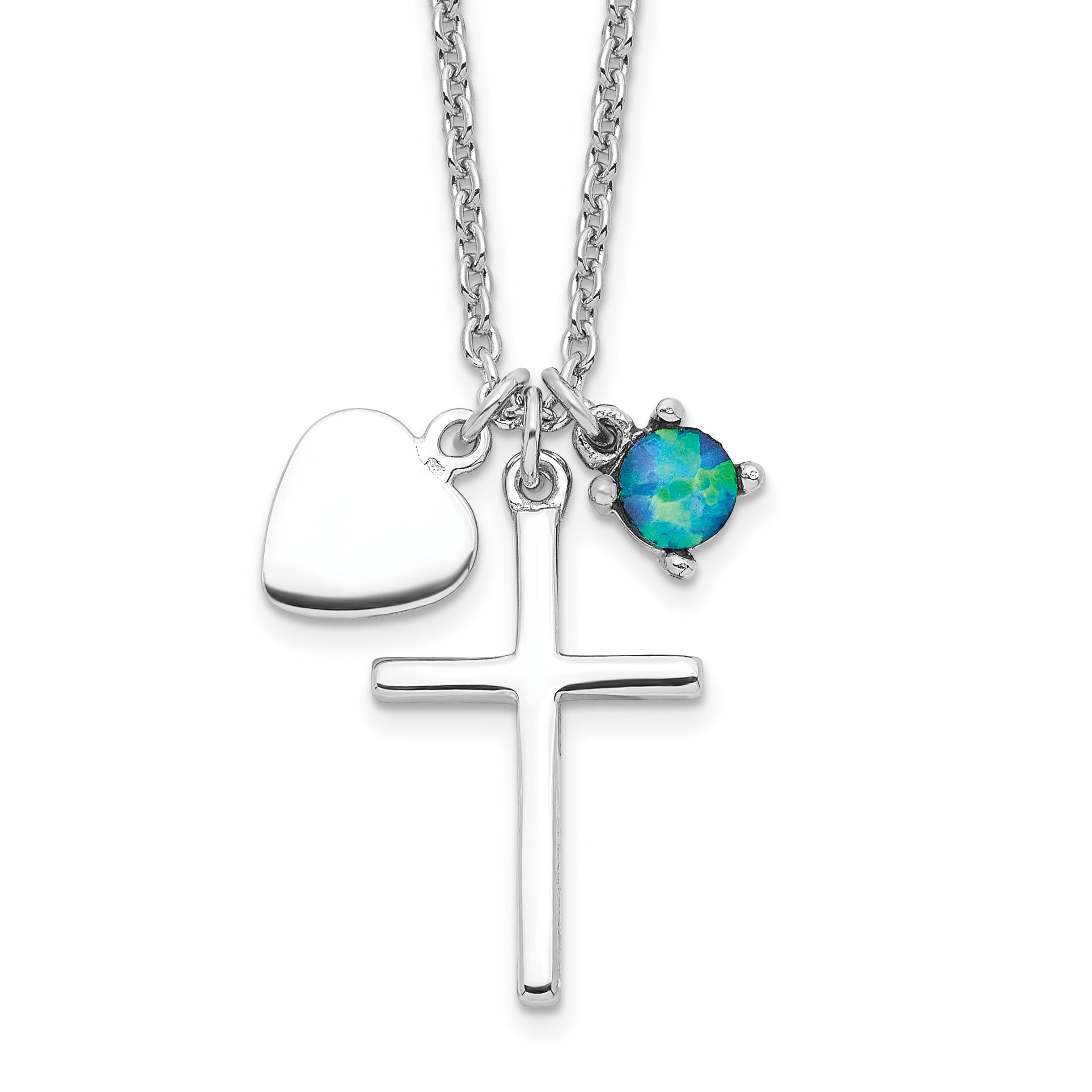 Sterling Silver Rhodium-plated Created Blue Opal Cross Necklace Main image