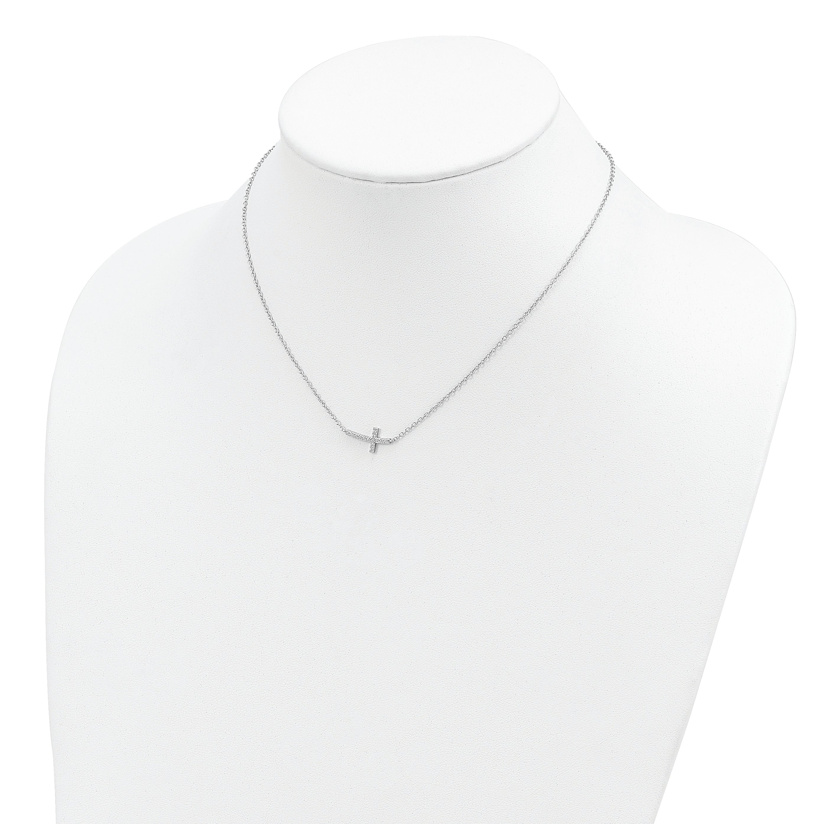 Sterling Silver Rhodium-plated CZ Sideways Cross 16 inch Necklace with 2 inch extension