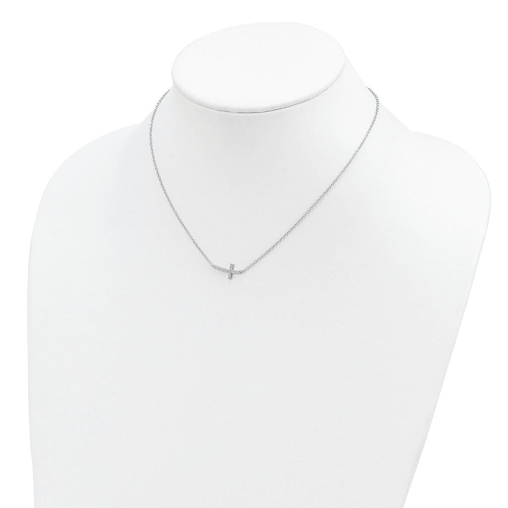 Sterling Silver Rhodium-plated CZ Sideways Cross 16 inch Necklace with 2 inch extension