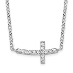 Sterling Silver Rhodium-plated CZ Sideways Cross With 2 inch ext Necklace