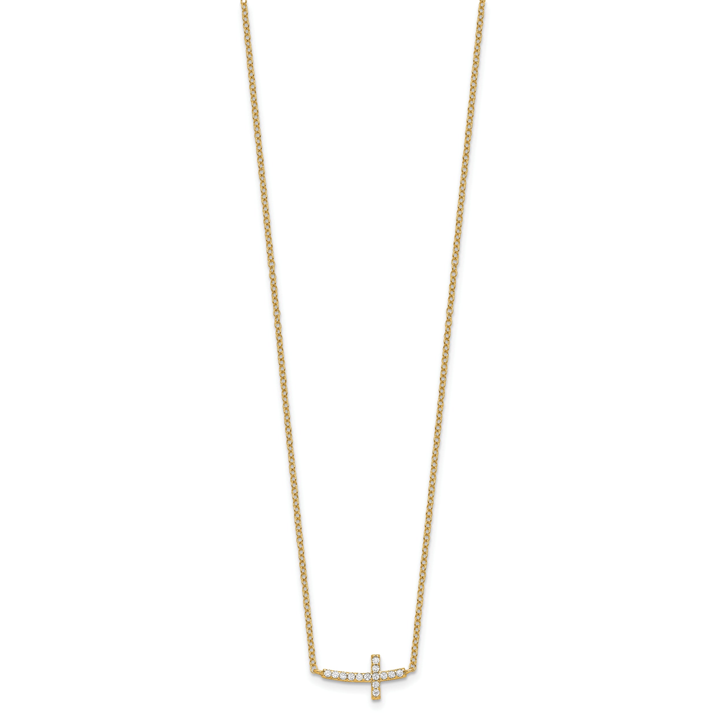 Sterling Silver Gold-tone CZ Sideways Cross With 2 inch ext Necklace