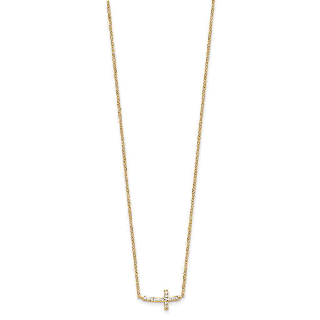 Sterling Silver Gold-tone CZ Sideways Cross With 2 inch ext Necklace