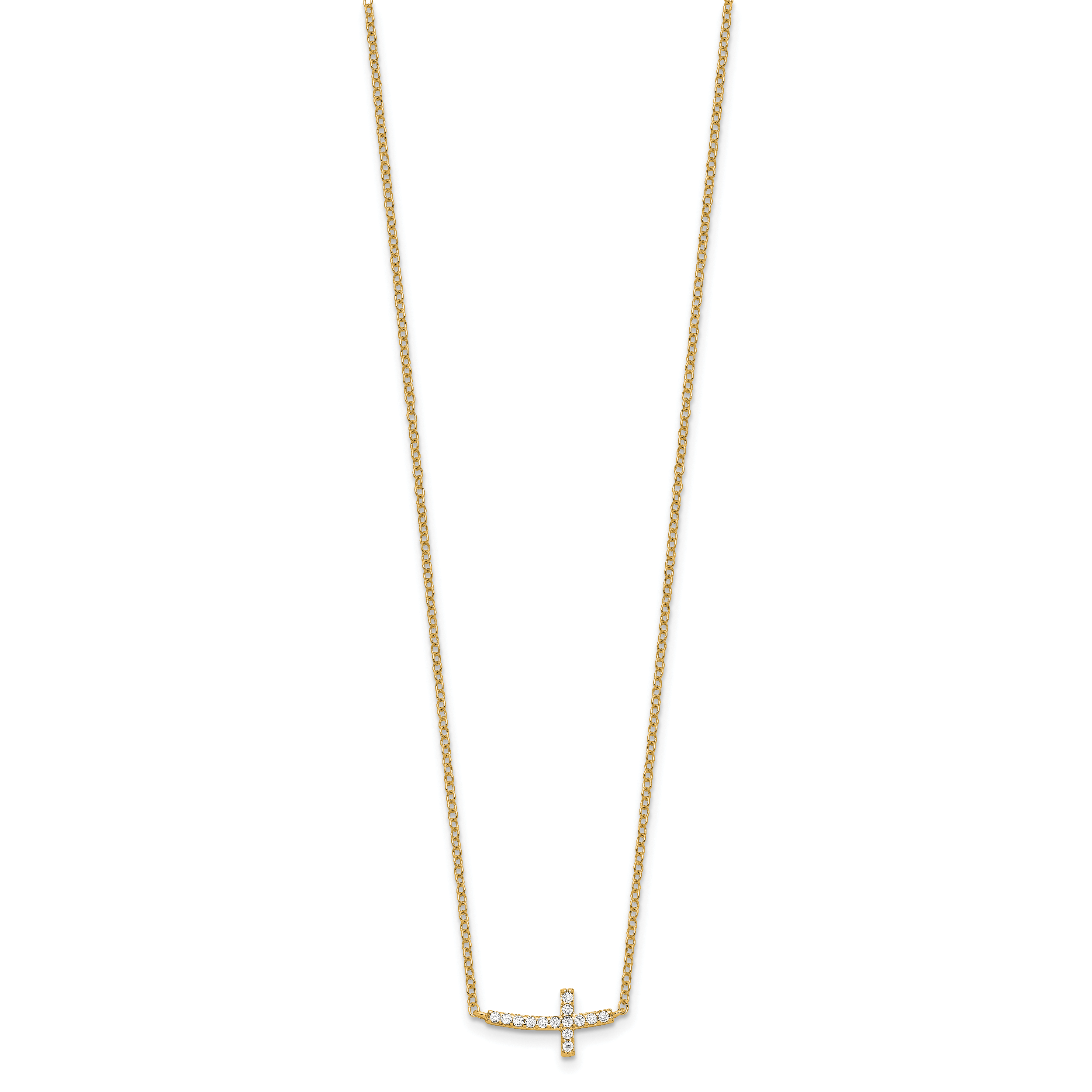 Sterling Silver Gold-tone CZ Sideways Cross With 2 inch ext Necklace