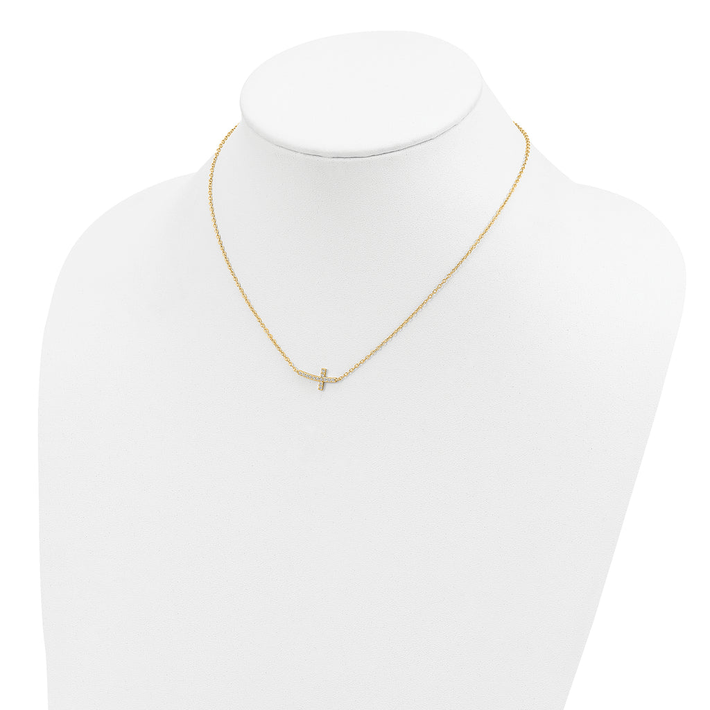 Sterling Silver Gold-tone CZ Sideways Cross With 2 inch ext Necklace
