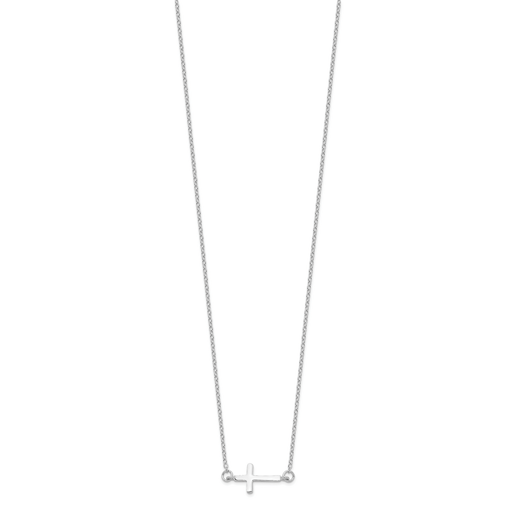 Sterling Silver Rhodium-plated With  2in ext. Sideways Cross Necklace