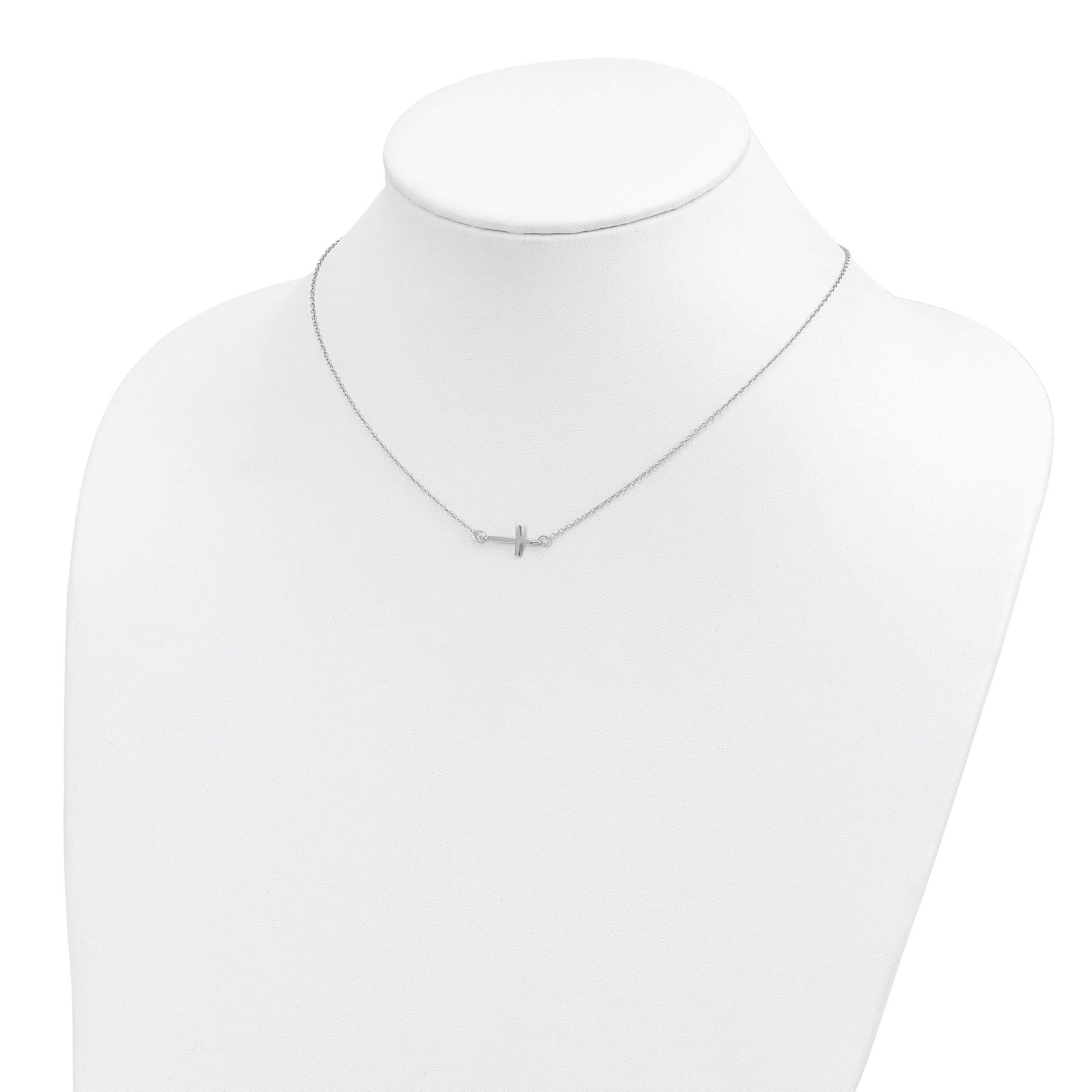 Sterling Silver Rhodium-plated With  2in ext. Sideways Cross Necklace