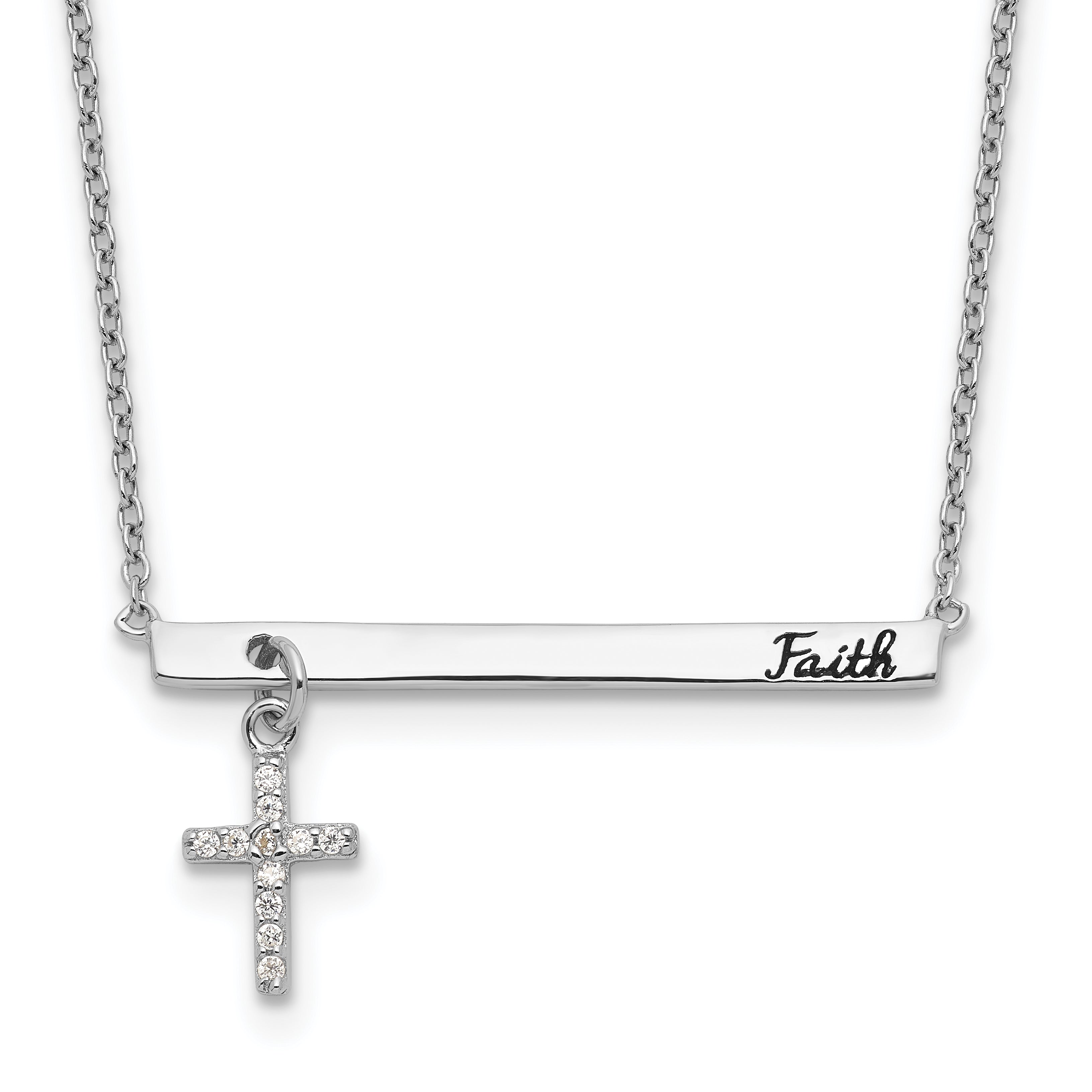 Sterling Silver RH-plated CZ Cross Black Enamel FAITH Bar Necklace Main image