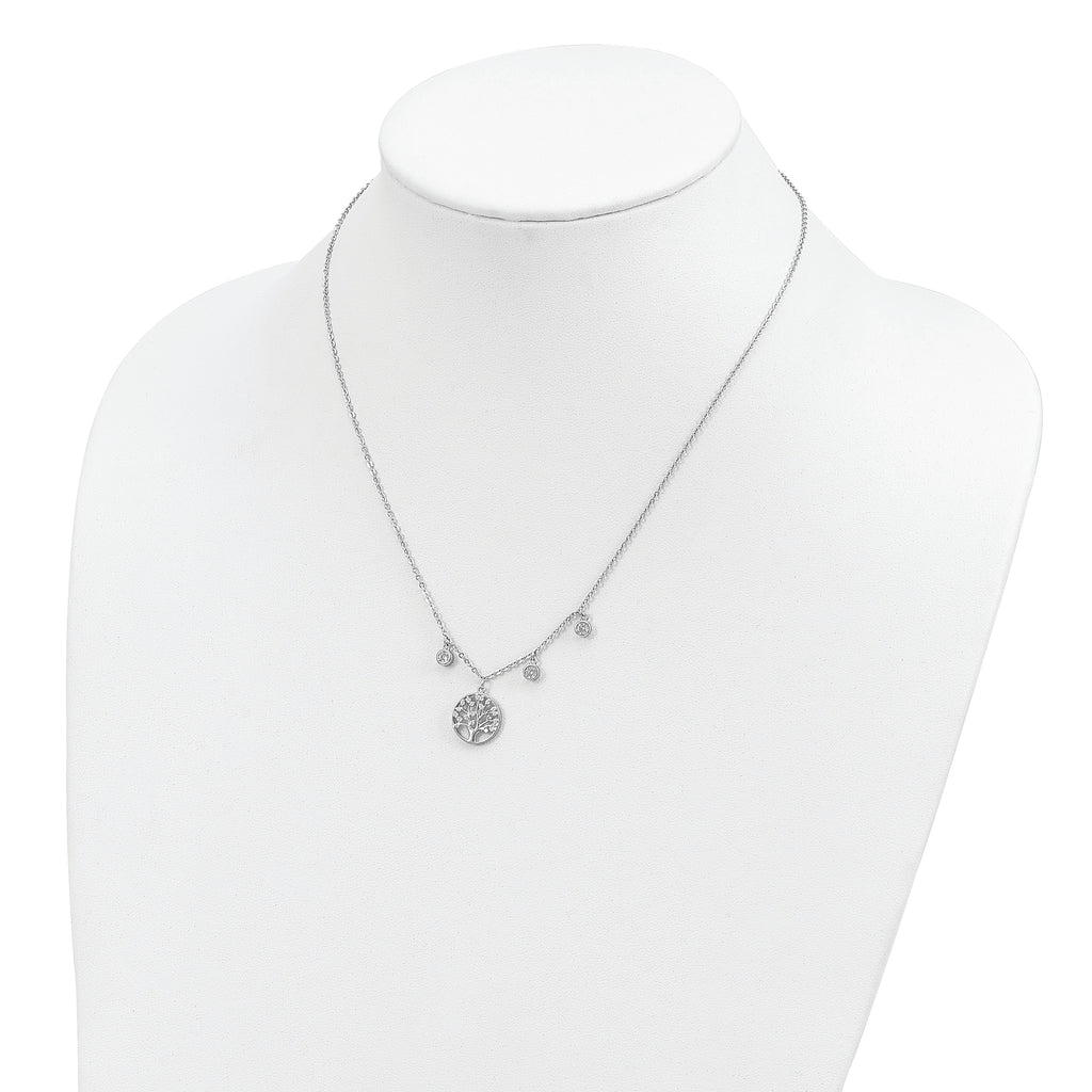 Sterling Silver Rhodium-plated CZ with Tree with 1in ext. Necklace