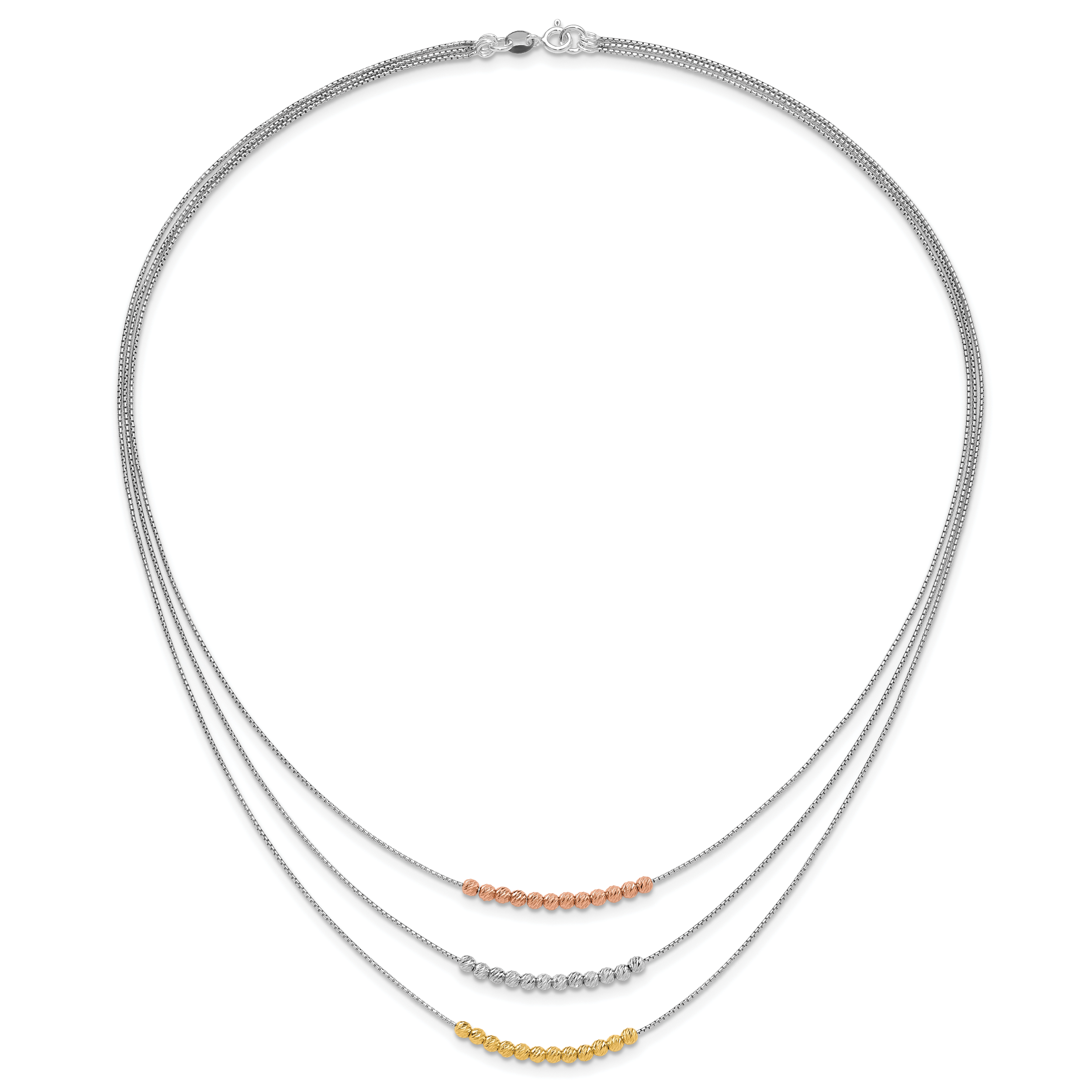 Sterling Silver Rhod-plated Diamond-cut Gold/Rose-tone 3 Strand Necklace
