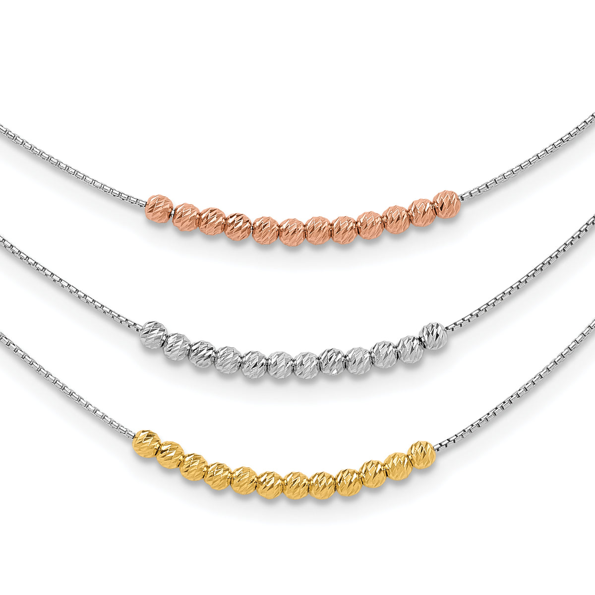 Sterling Silver Rhod-plated Diamond-cut Gold/Rose-tone 3 Strand Necklace