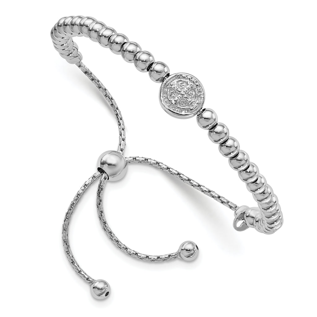 Sterling Silver RH-plated Beaded Saint Medal 5in to 8.25in Bracelet