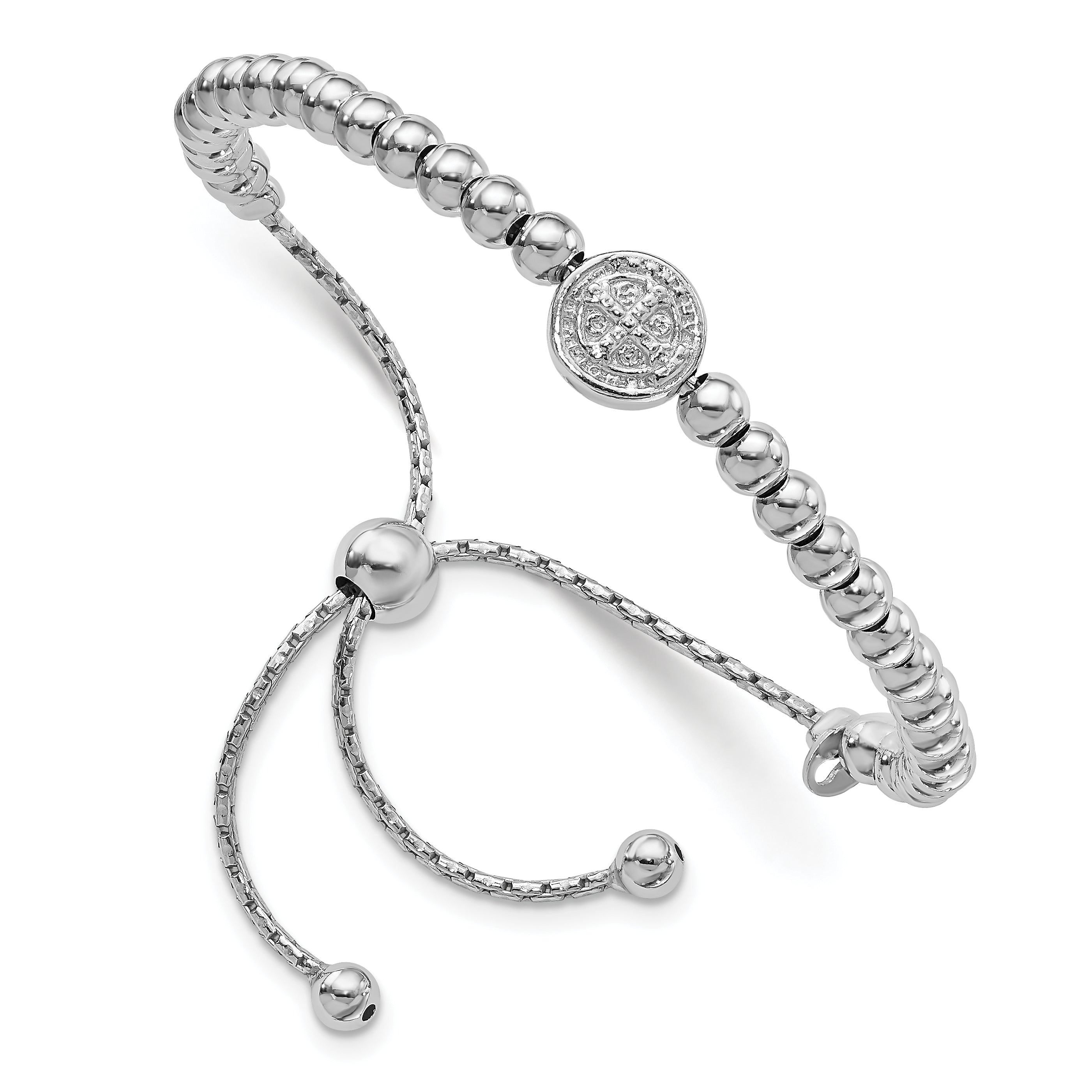 Sterling Silver RH-plated Beaded Saint Medal 5in to 8.25in Bracelet