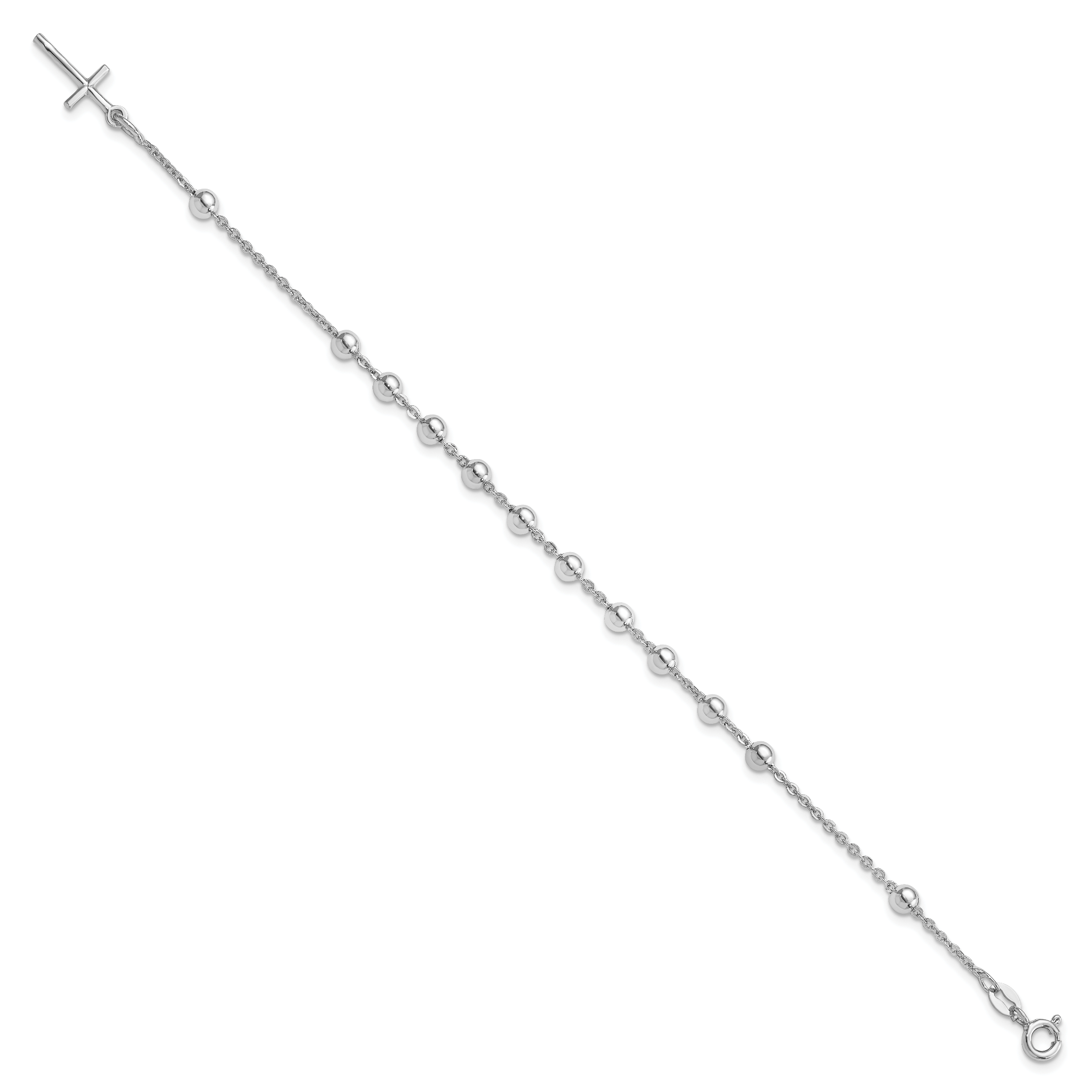 Sterling Silver Rhodium Plated Polished Beaded Cross Bracelet Secondary image