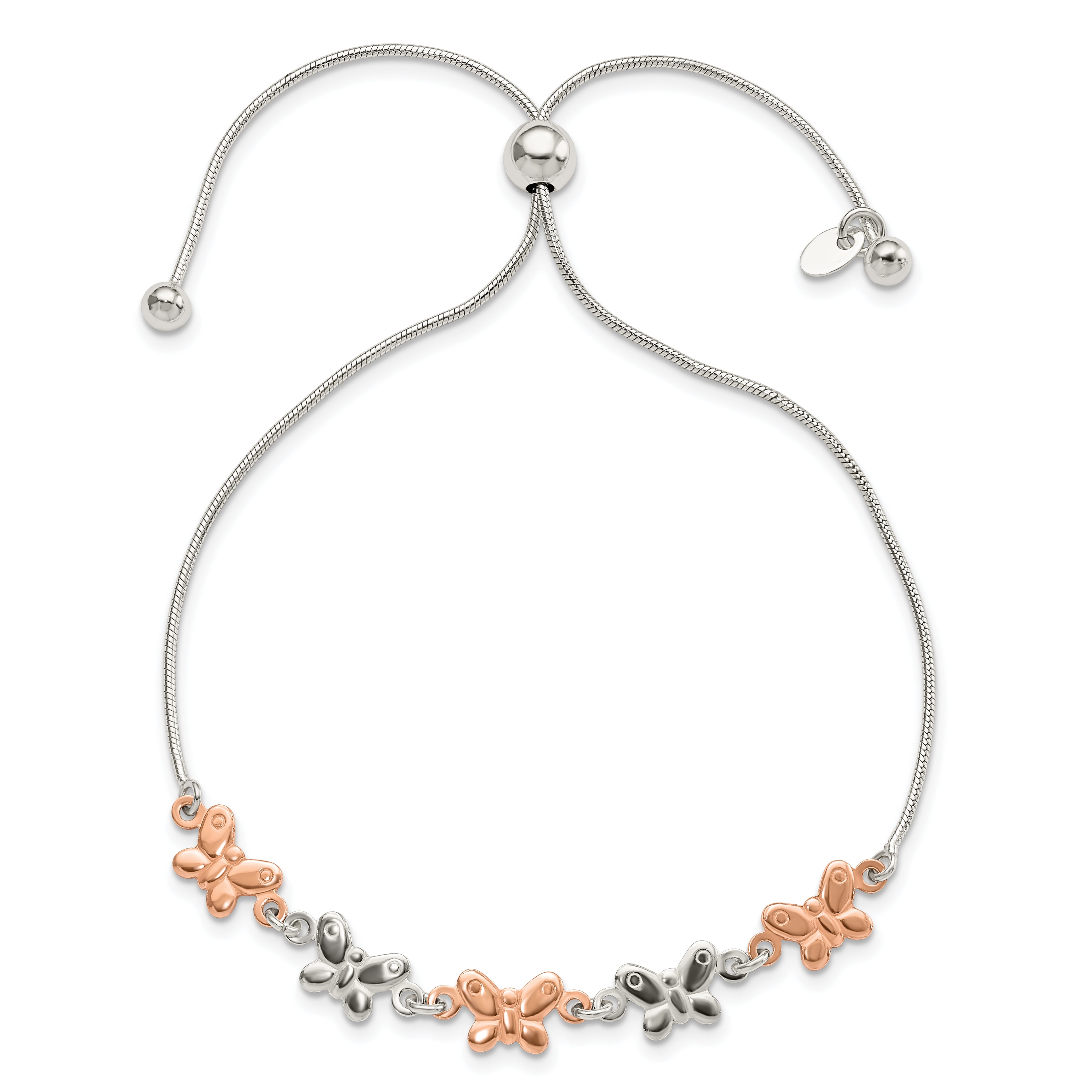 Sterling Silver With Rose-tone Butterfly Adjustable Bracelet