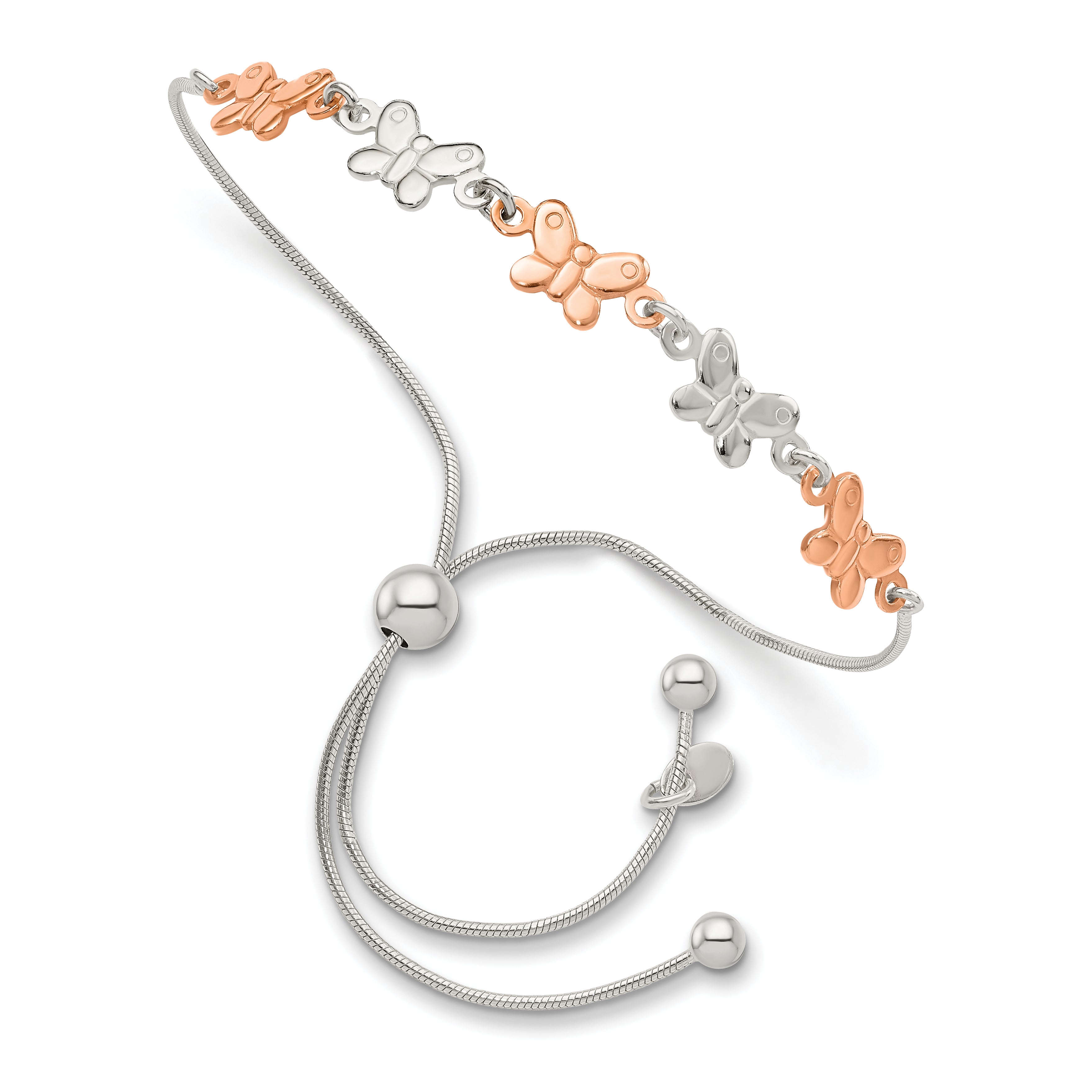 Sterling Silver With Rose-tone Butterfly Adjustable Bracelet