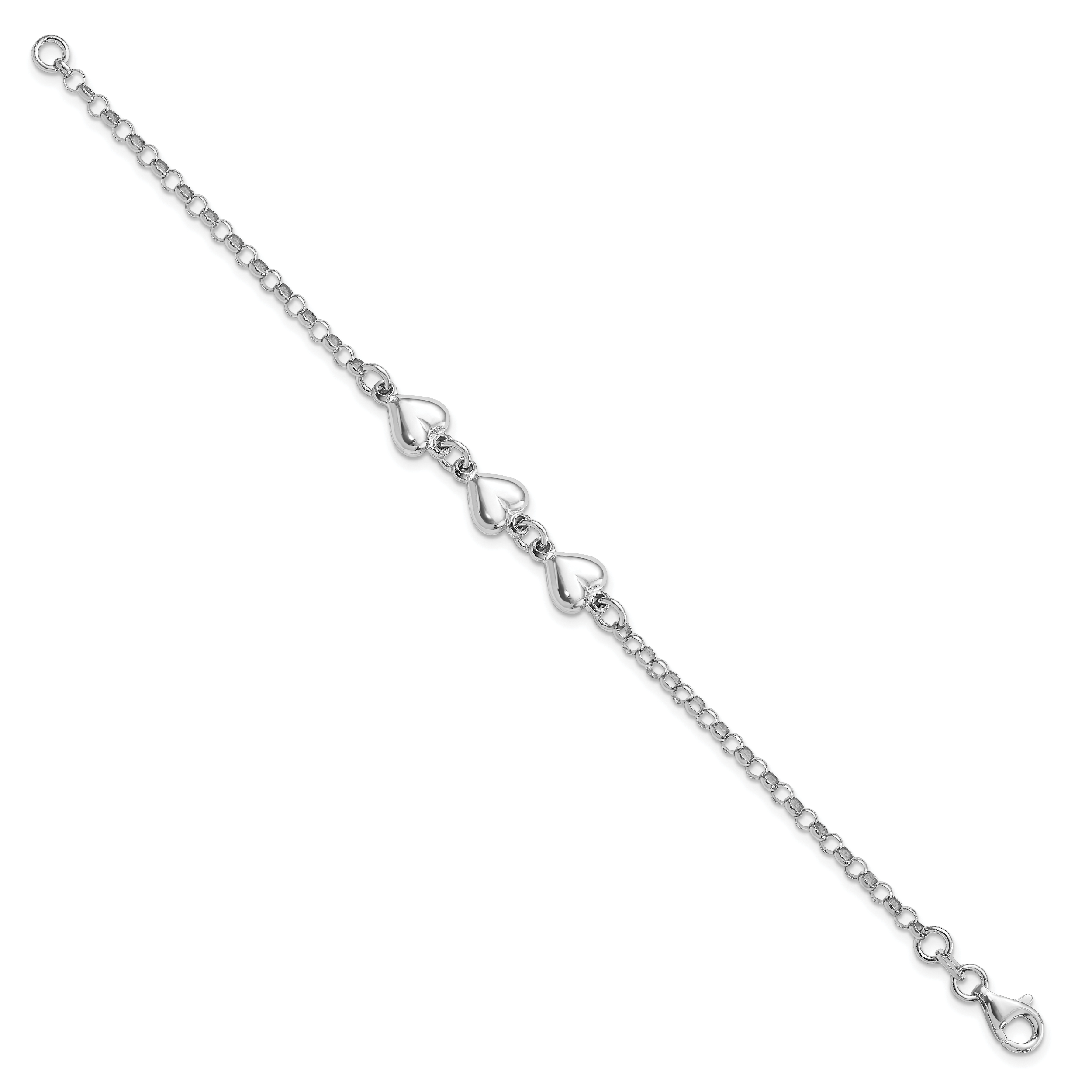 Sterling Silver Rhodium Plated Polished Triple Heart Charm Bracelet Secondary image