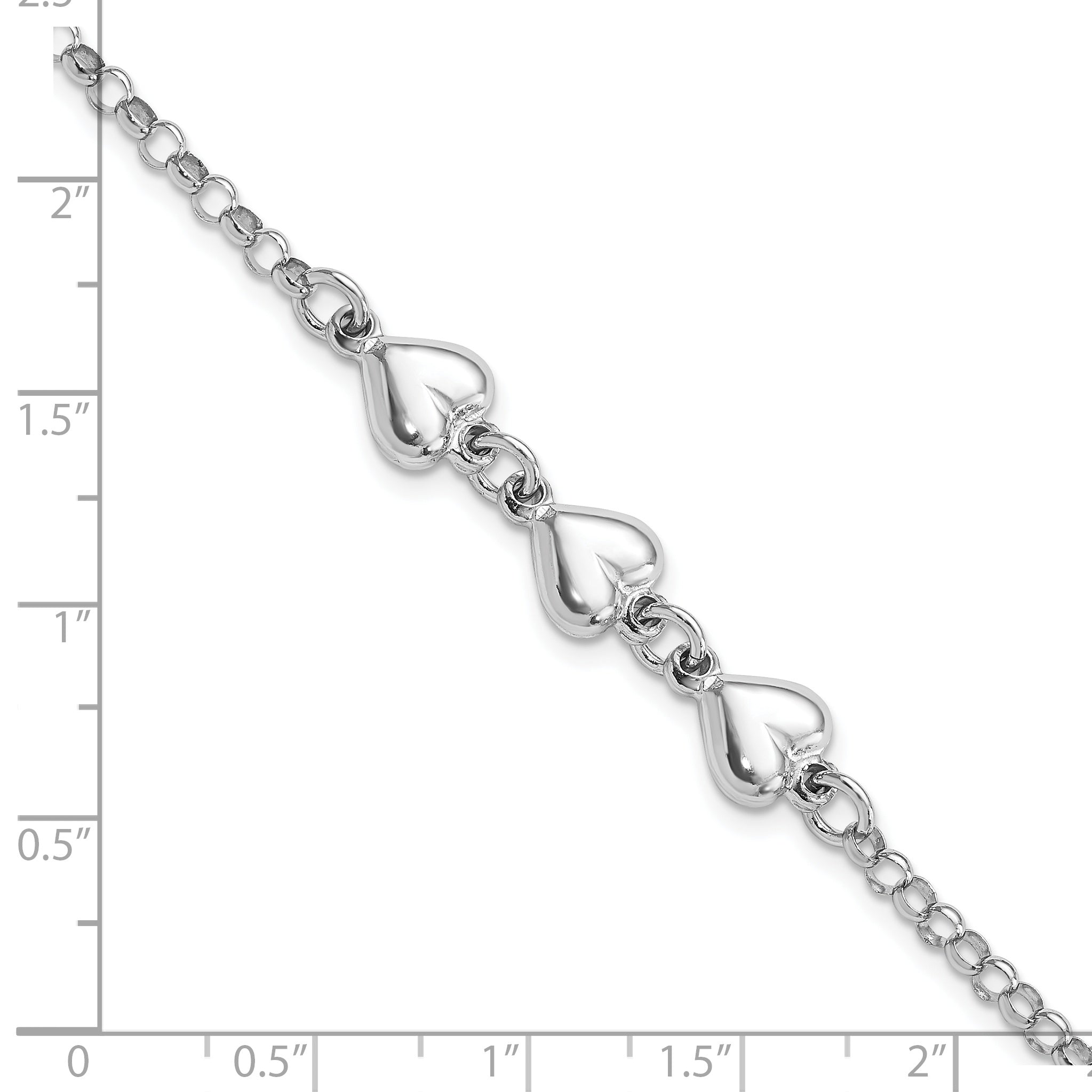 Sterling Silver Rhodium Plated Polished Triple Heart Charm Bracelet