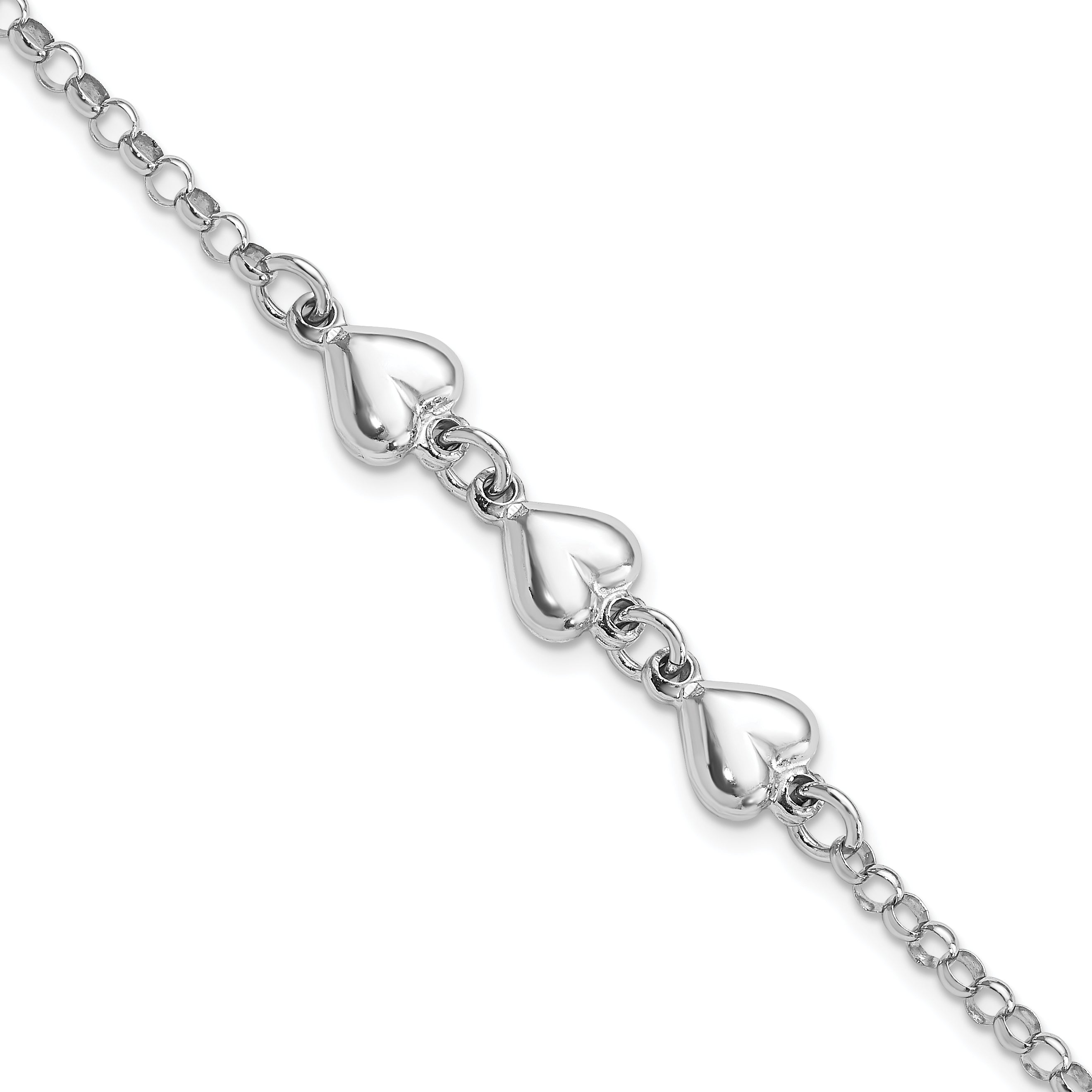 Sterling Silver Rhodium Plated Polished Triple Heart Charm Bracelet Main image
