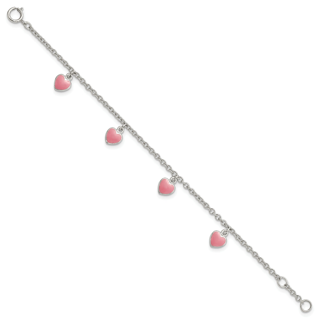 Sterling Silver Rhod-pltd Childs Enamel Hearts 5.5in With .5in ext Bracelet