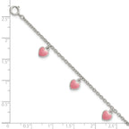 Sterling Silver Rhod-pltd Childs Enamel Hearts 5.5in With .5in ext Bracelet