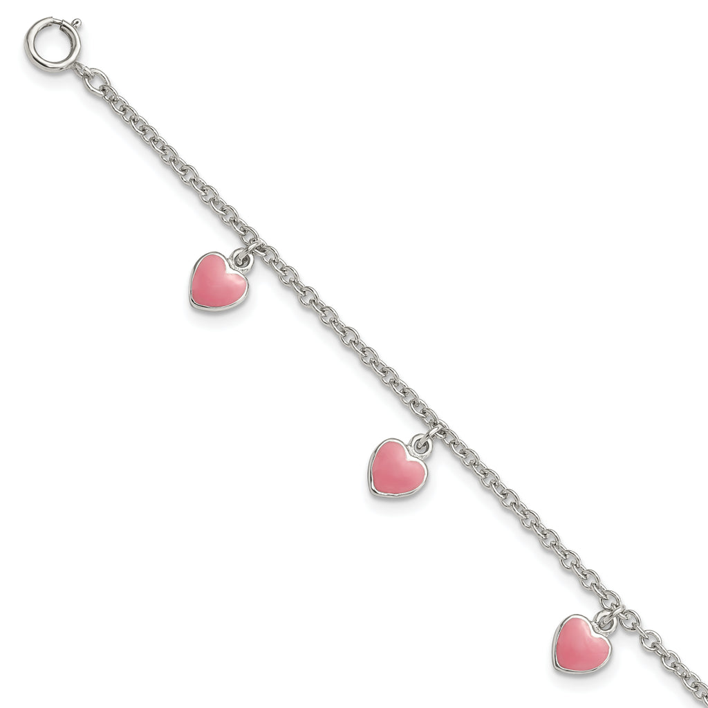 Sterling Silver Rhod-pltd Childs Enamel Hearts 5.5in With .5in ext Bracelet