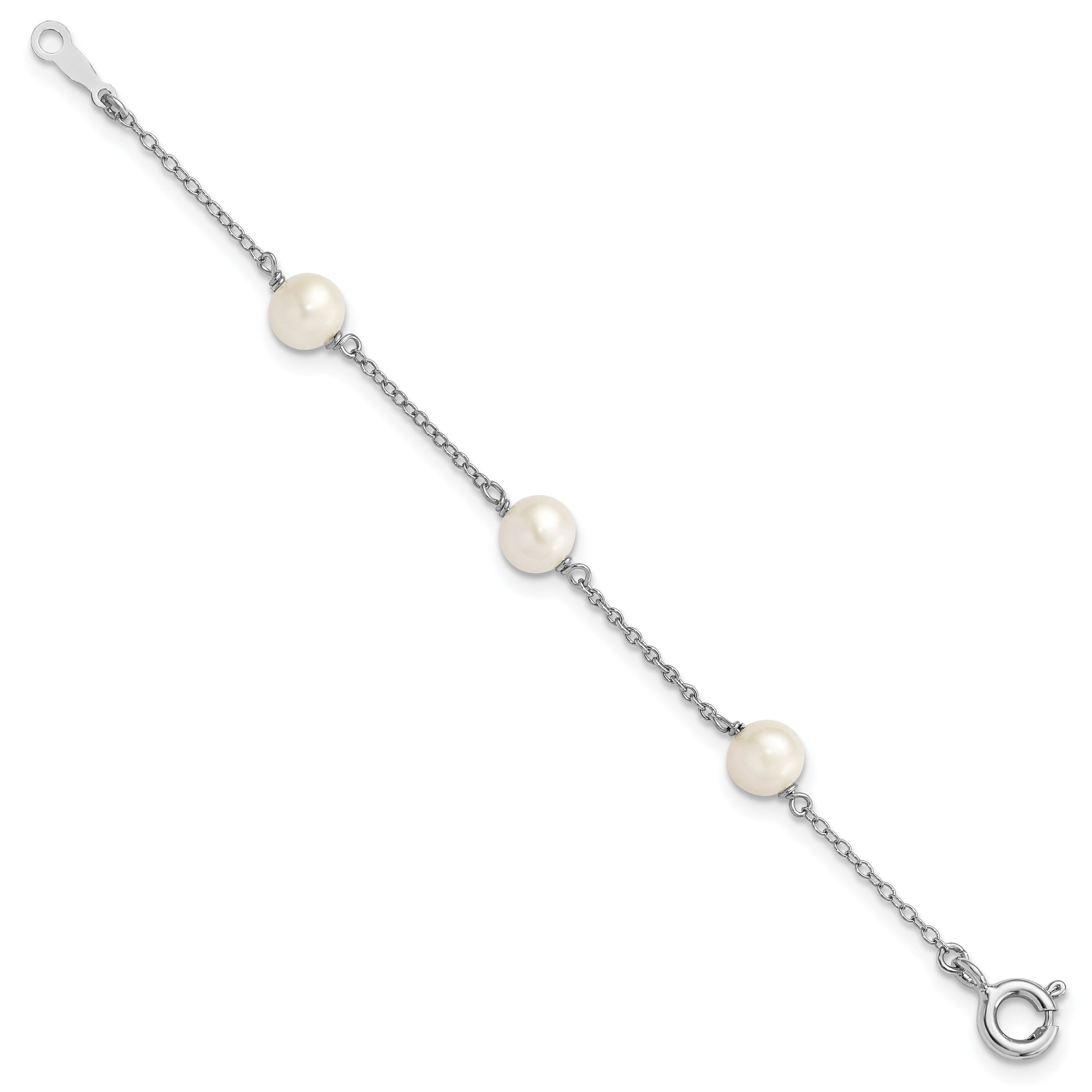 Sterling Silver Rhodium-plated 5-5.5mm White Semi-Round Freshwater Cultured Pearl 3-Station Children's 4 inch Bracelet Secondary image