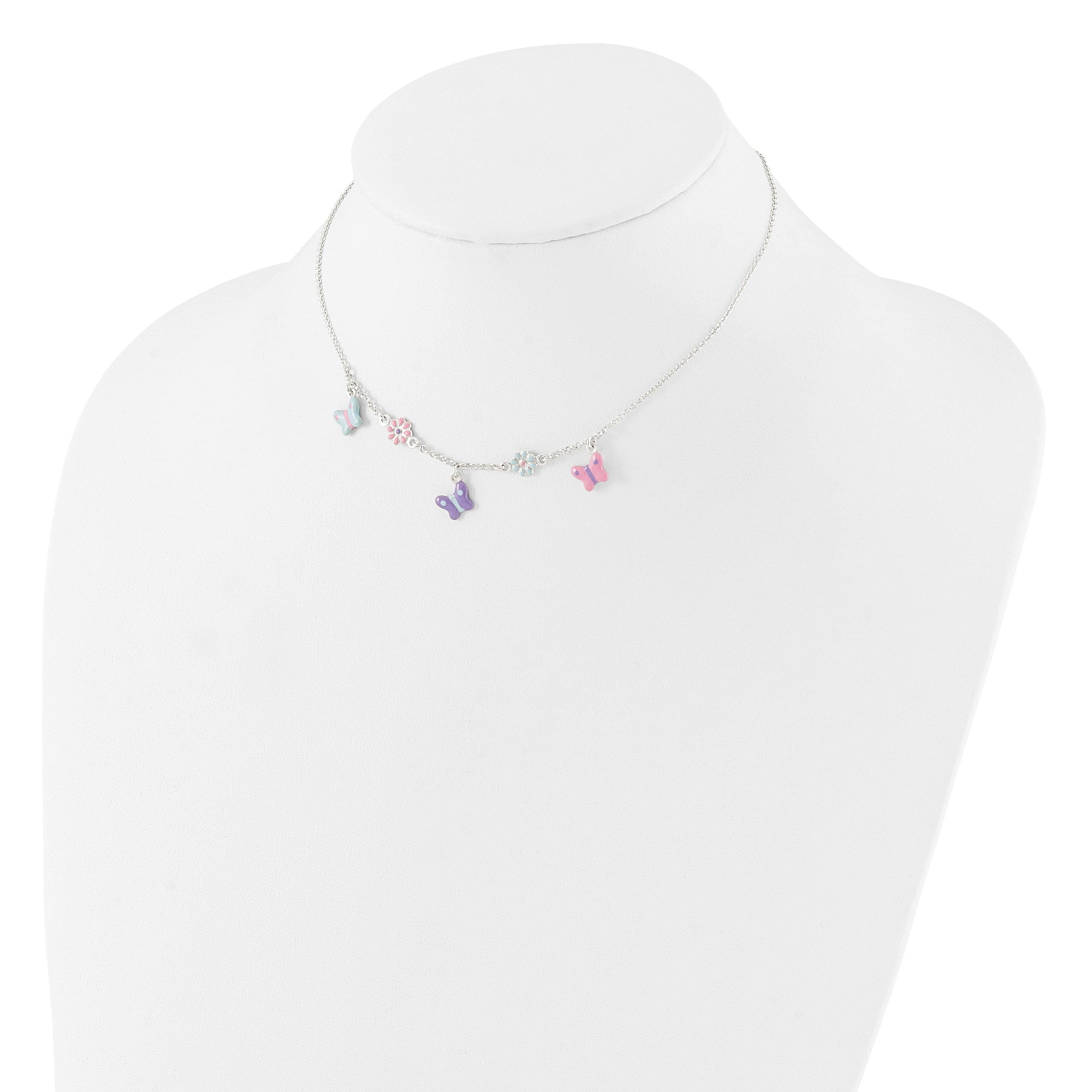 Sterling Silver Polished Enameled Floral & Butterfly Children's Necklace Secondary image