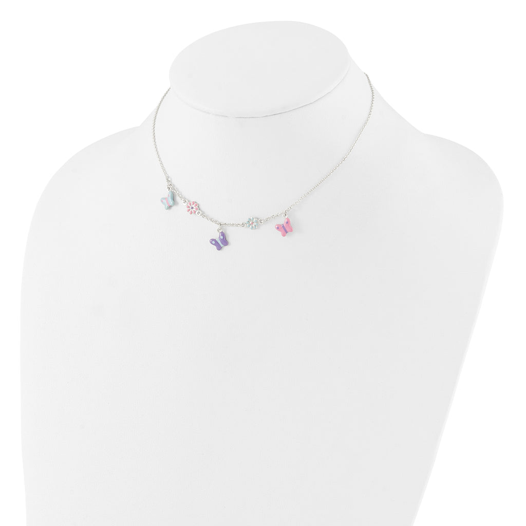 Sterling Silver Polished Enameled Floral & Butterfly Children's Necklace