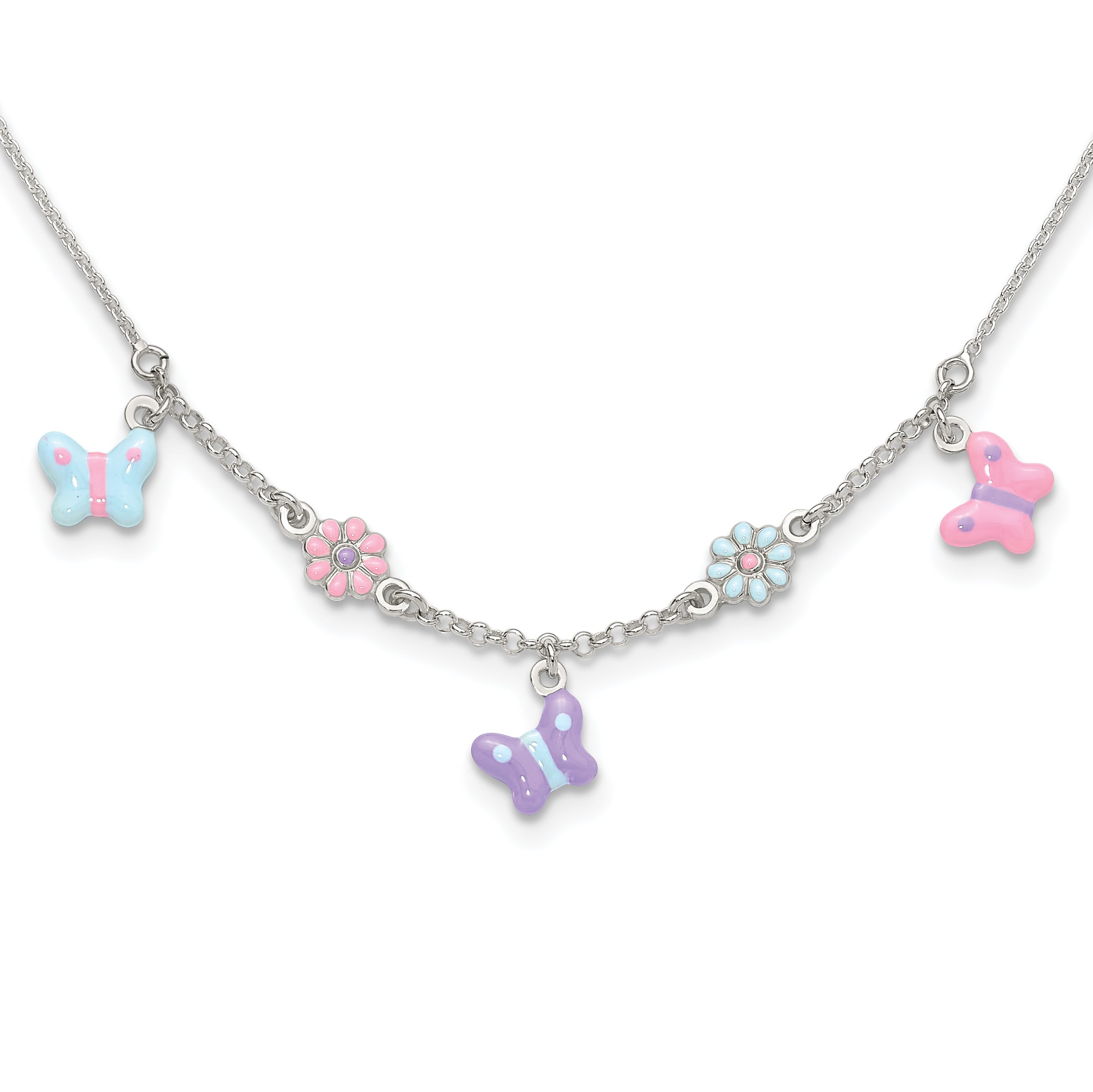 Sterling Silver Polished Enameled Floral & Butterfly Children's Necklace Main image