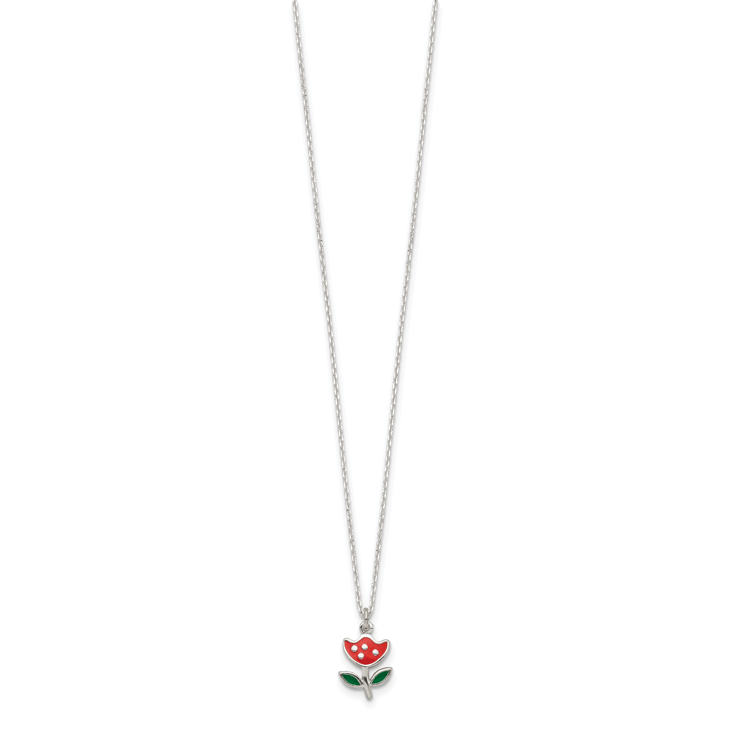 Sterling Silver Polished Red & Green Enameled Flower Children's Necklace Secondary image