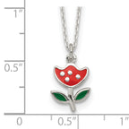 Sterling Silver Polished Red & Green Enameled Flower Children's Necklace