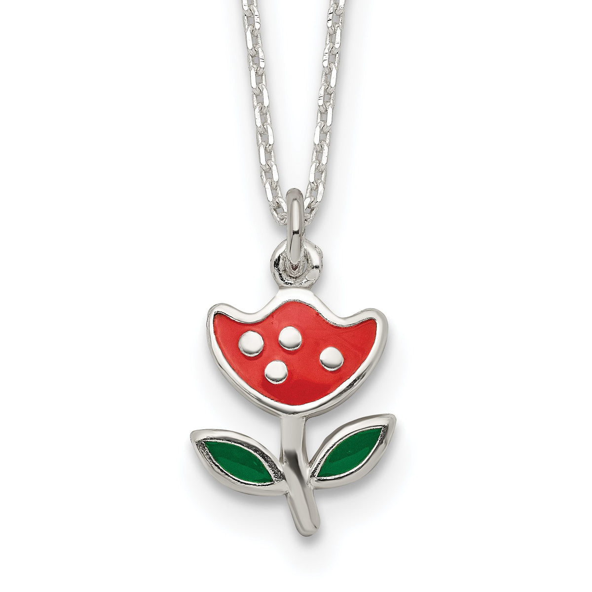 Red & Green Enameled Flower Necklace in Sterling Silver, 14 Inch - Sophia Jewelers Main image