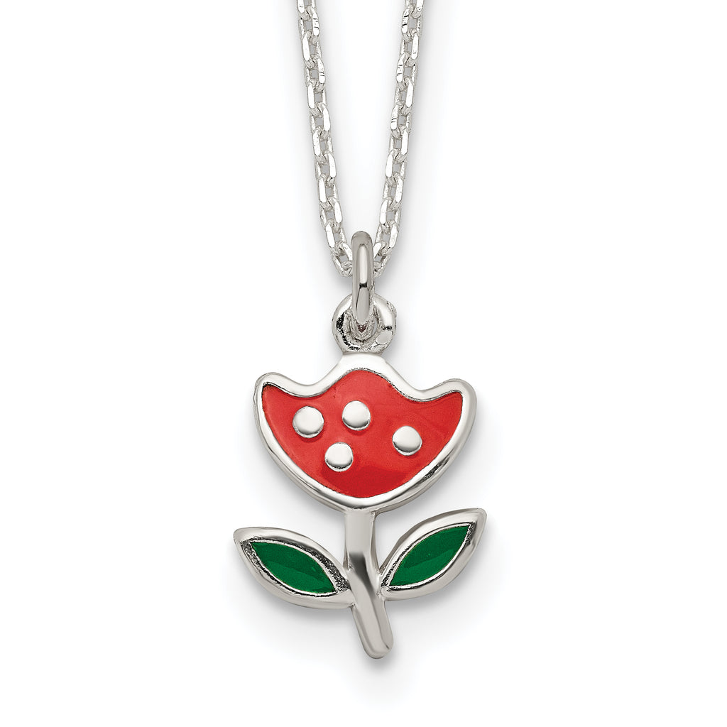 Sterling Silver Polished Red & Green Enameled Flower Children's Necklace