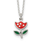Sterling Silver Polished Red & Green Enameled Flower Children's Necklace