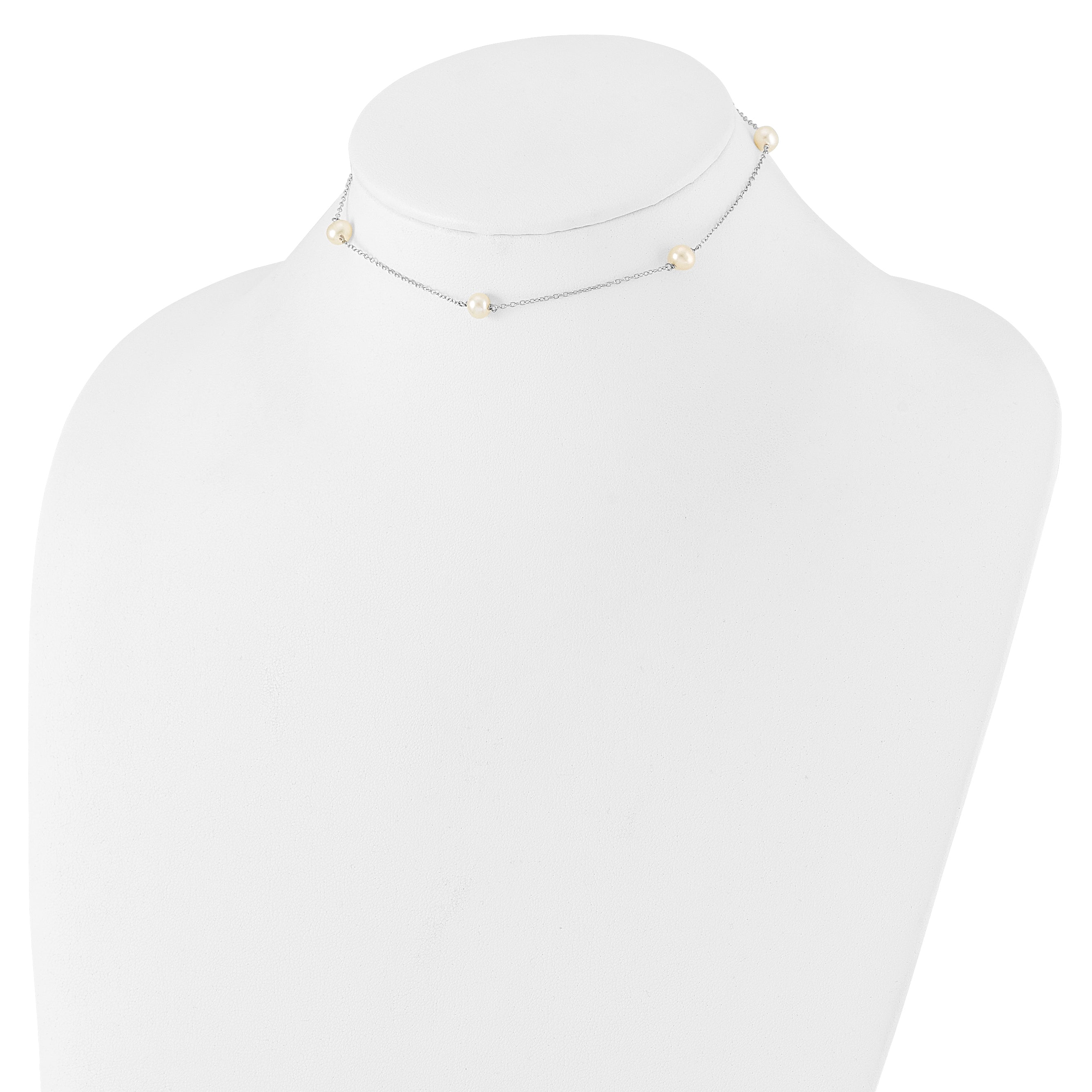 Sterling Silver Rhodium-plated 5-5.5mm White Semi-Round Freshwater Cultured Pearl 5-Station Children's 12 inch Necklace