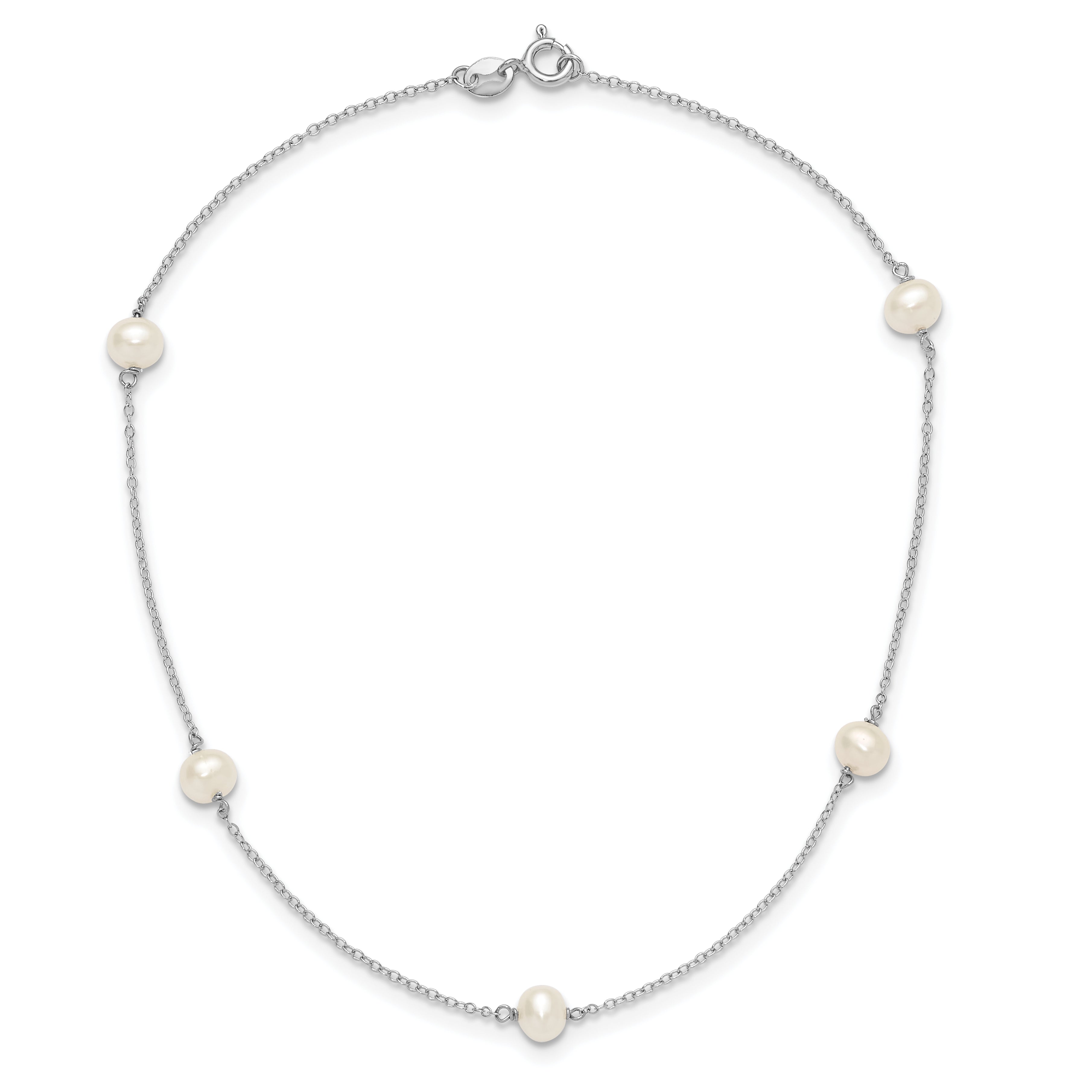 Sterling Silver Rhodium-plated 5-5.5mm White Semi-Round Freshwater Cultured Pearl 5-Station Children's 12 inch Necklace