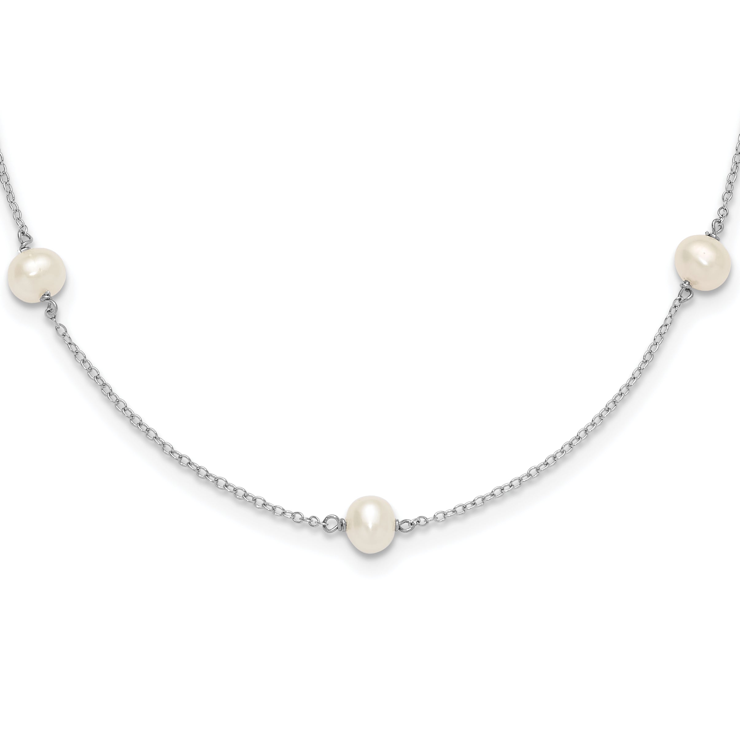 Sterling Silver Rhodium-plated 5-5.5mm White Semi-Round Freshwater Cultured Pearl 5-Station Children's 12 inch Necklace Main image