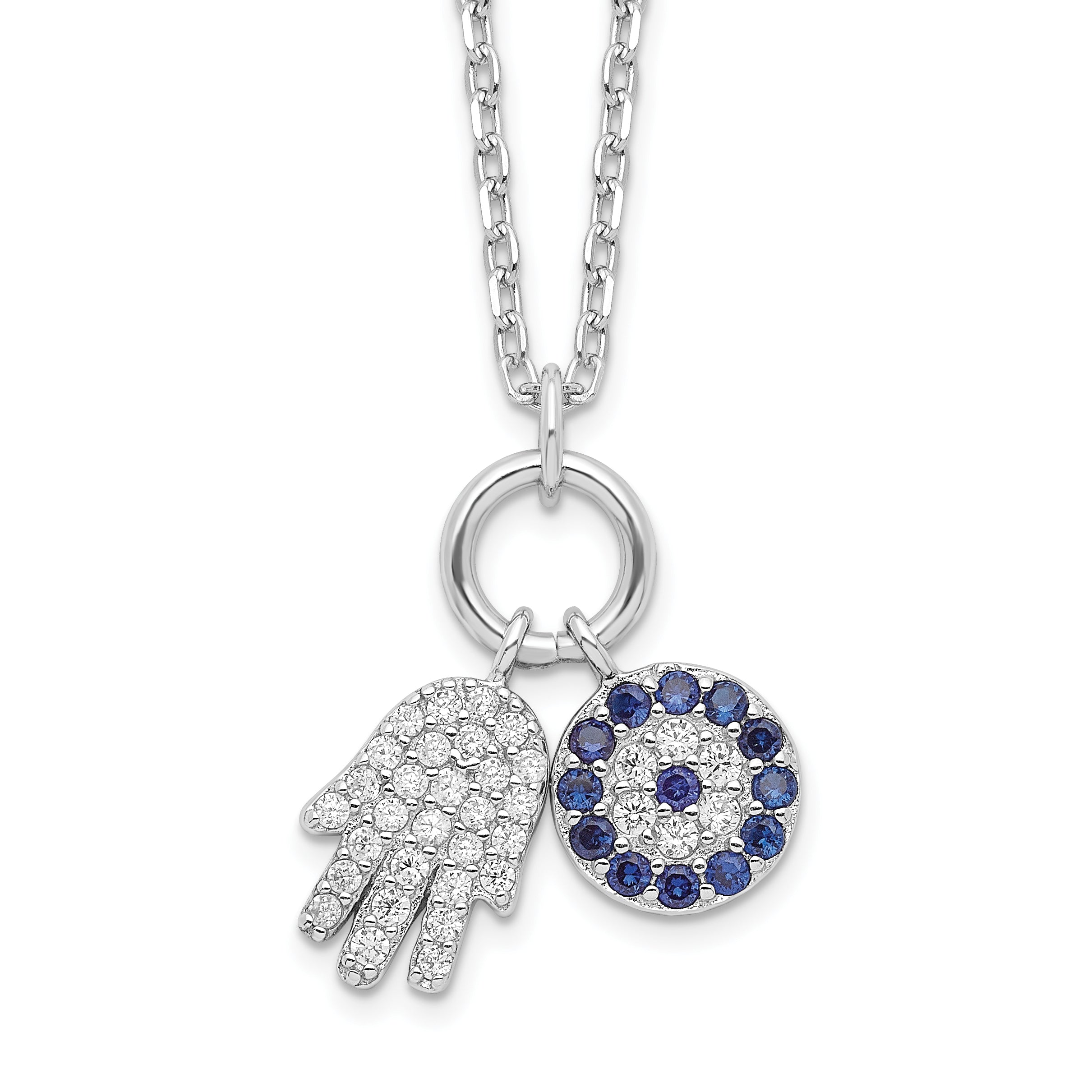 Sterling Silver Rhod-plated CZ Eye and Hamsa Charm Necklace Main image