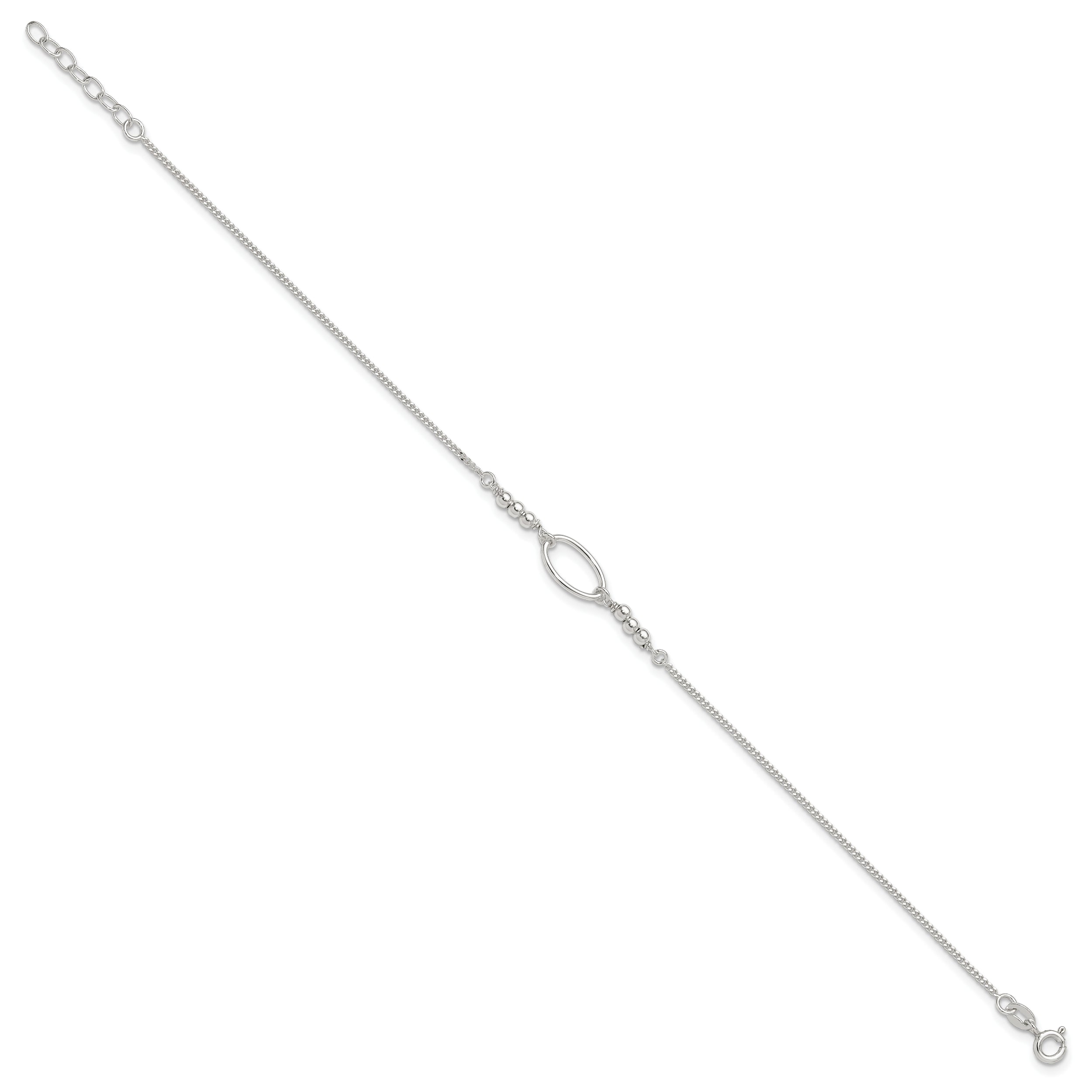 Sterling Silver Oval Link and Beads 10 inch Plus 1 inch Extender - Total 11 inch Anklet