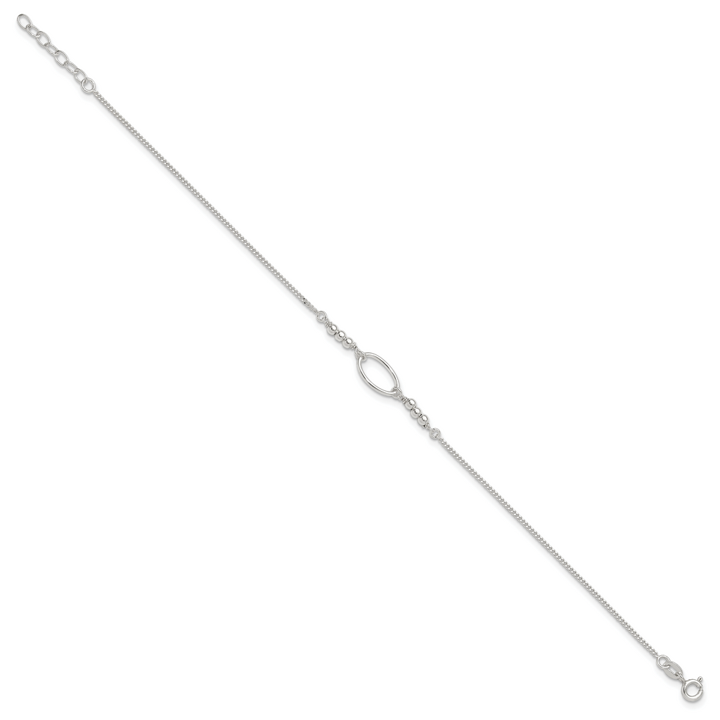 Sterling Silver Oval Link and Beads 10 inch Plus 1 inch Extender - Total 11 inch Anklet