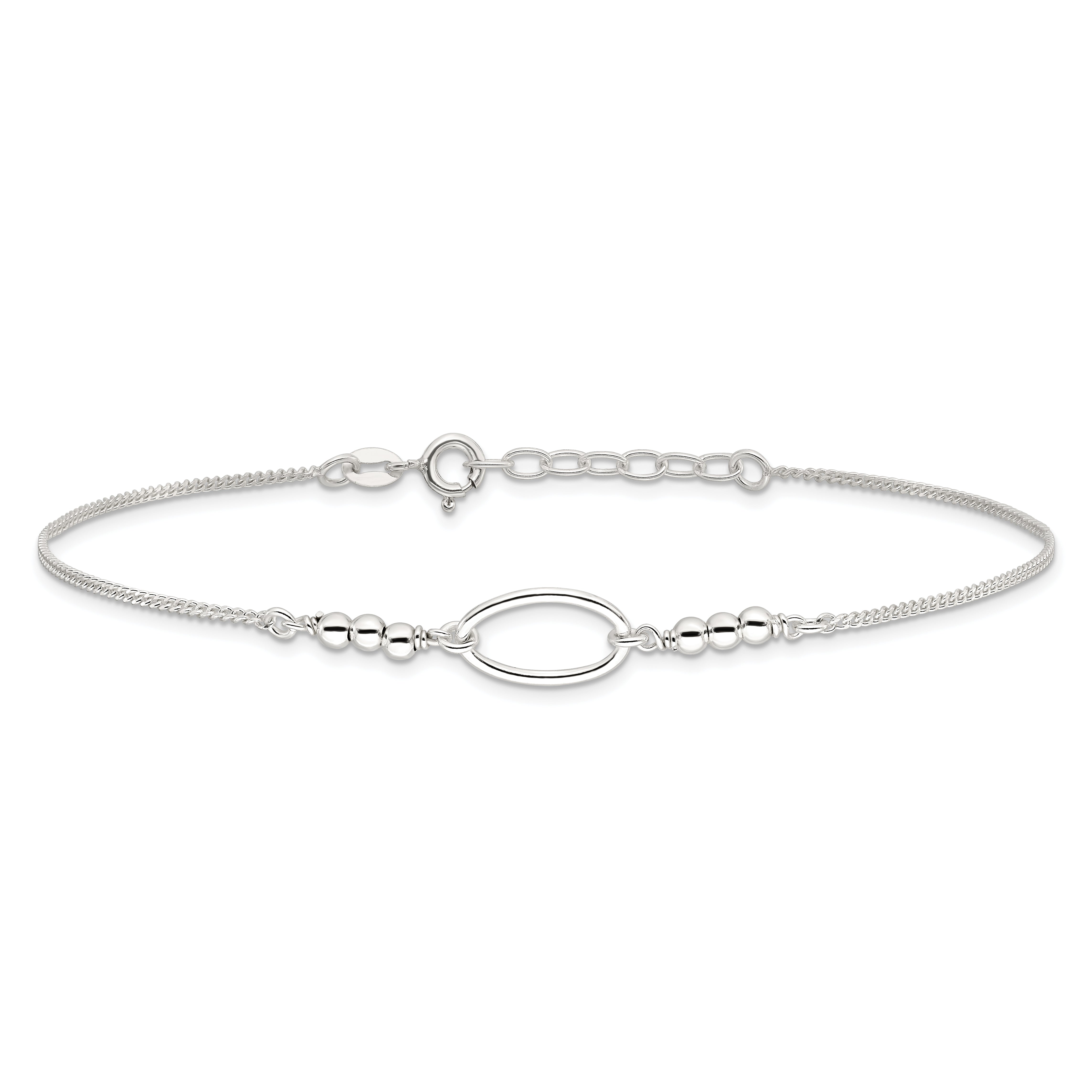 Sterling Silver Oval Link and Beads 10 inch Plus 1 inch Extender - Total 11 inch Anklet