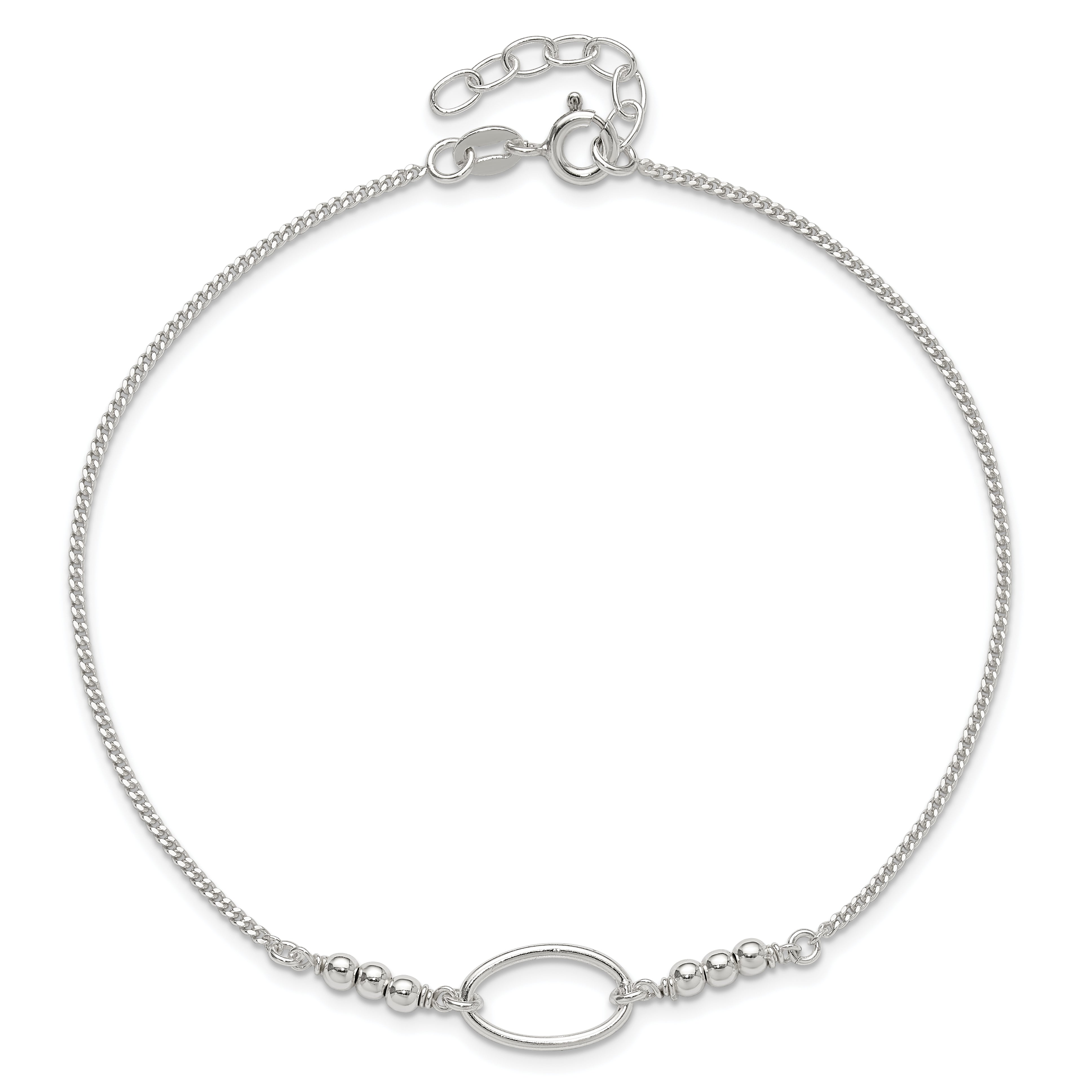 Sterling Silver Oval Link and Beads 10 inch Plus 1 inch Extender - Total 11 inch Anklet