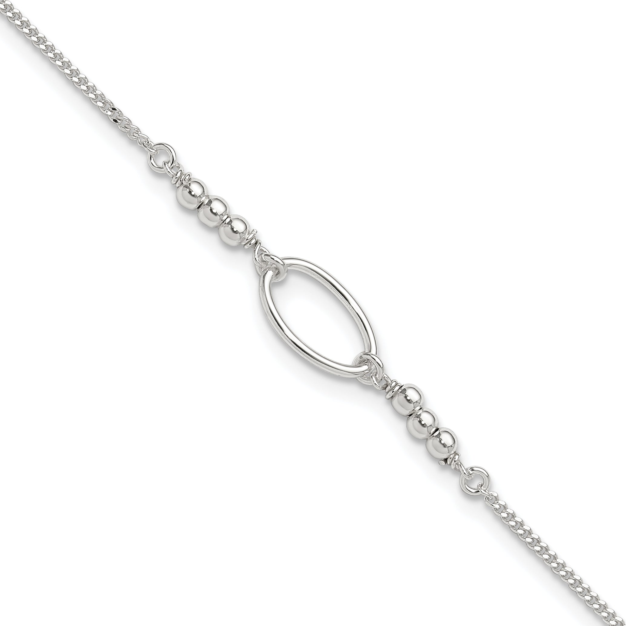Sterling Silver Oval Link and Beads 10 inch Plus 1 inch Extender - Total 11 inch Anklet