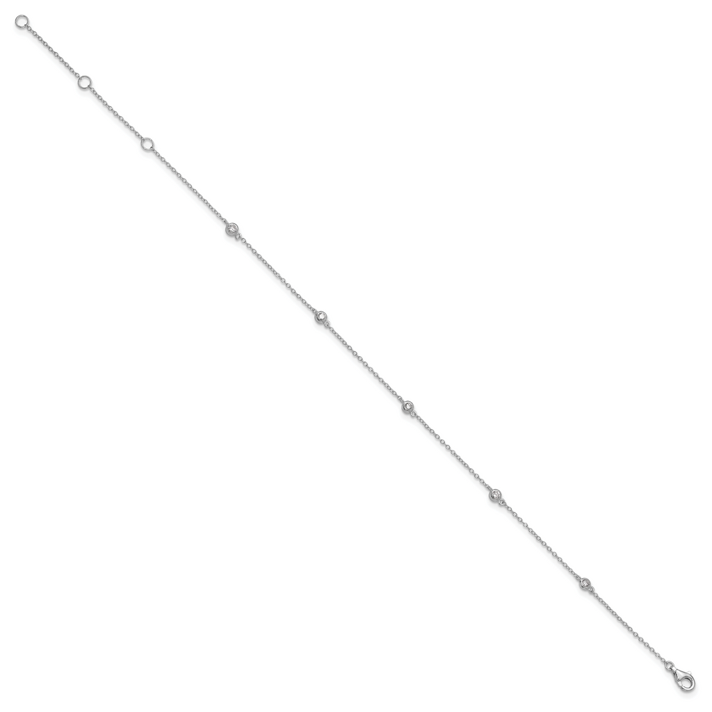 Sterling Silver Rhodium-plated Bezel CZ 5-Station 10 inch Plus 2 inch Extender  - Total 12 inch Anklet