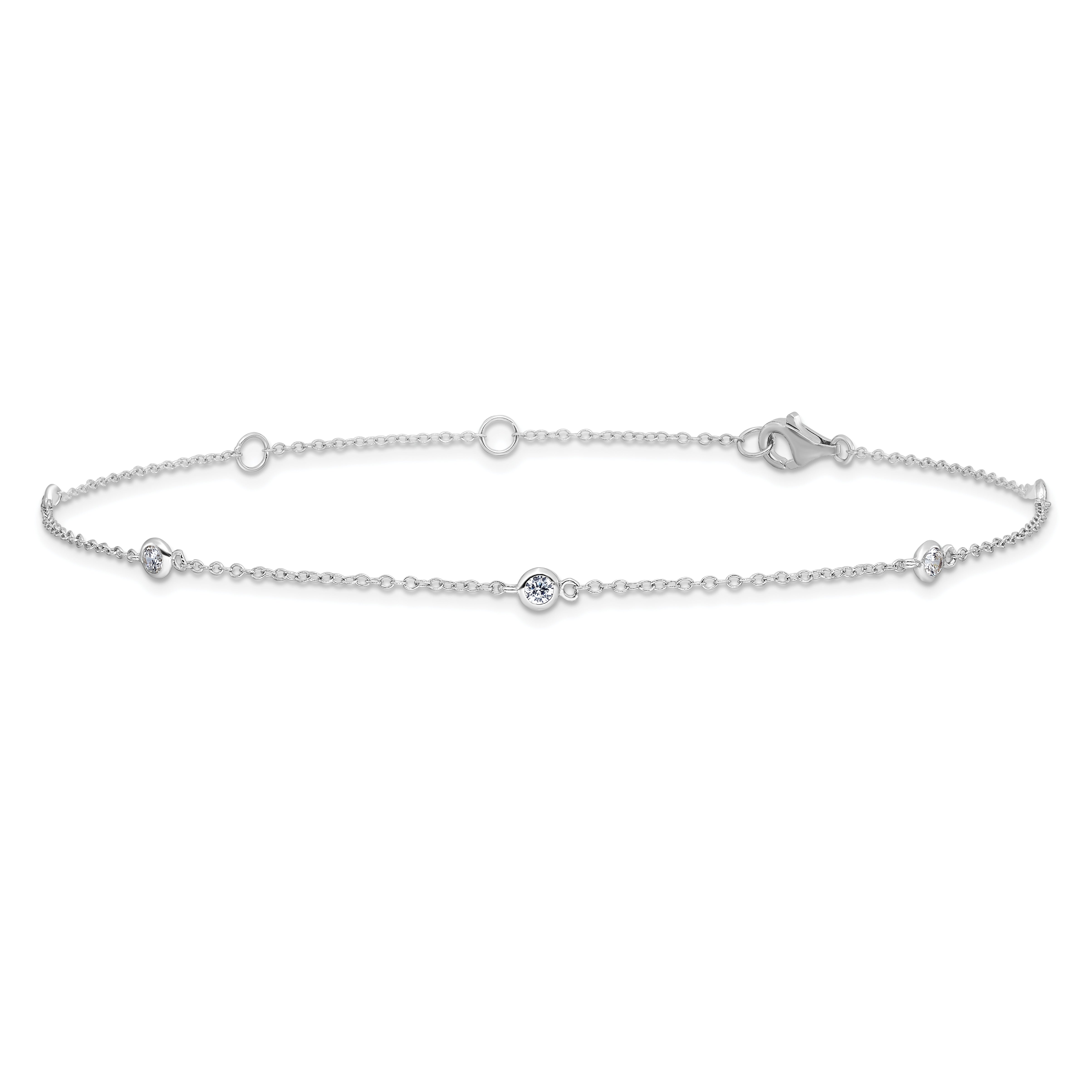 Sterling Silver Rhodium-plated Bezel CZ 5-Station 10 inch Plus 2 inch Extender  - Total 12 inch Anklet