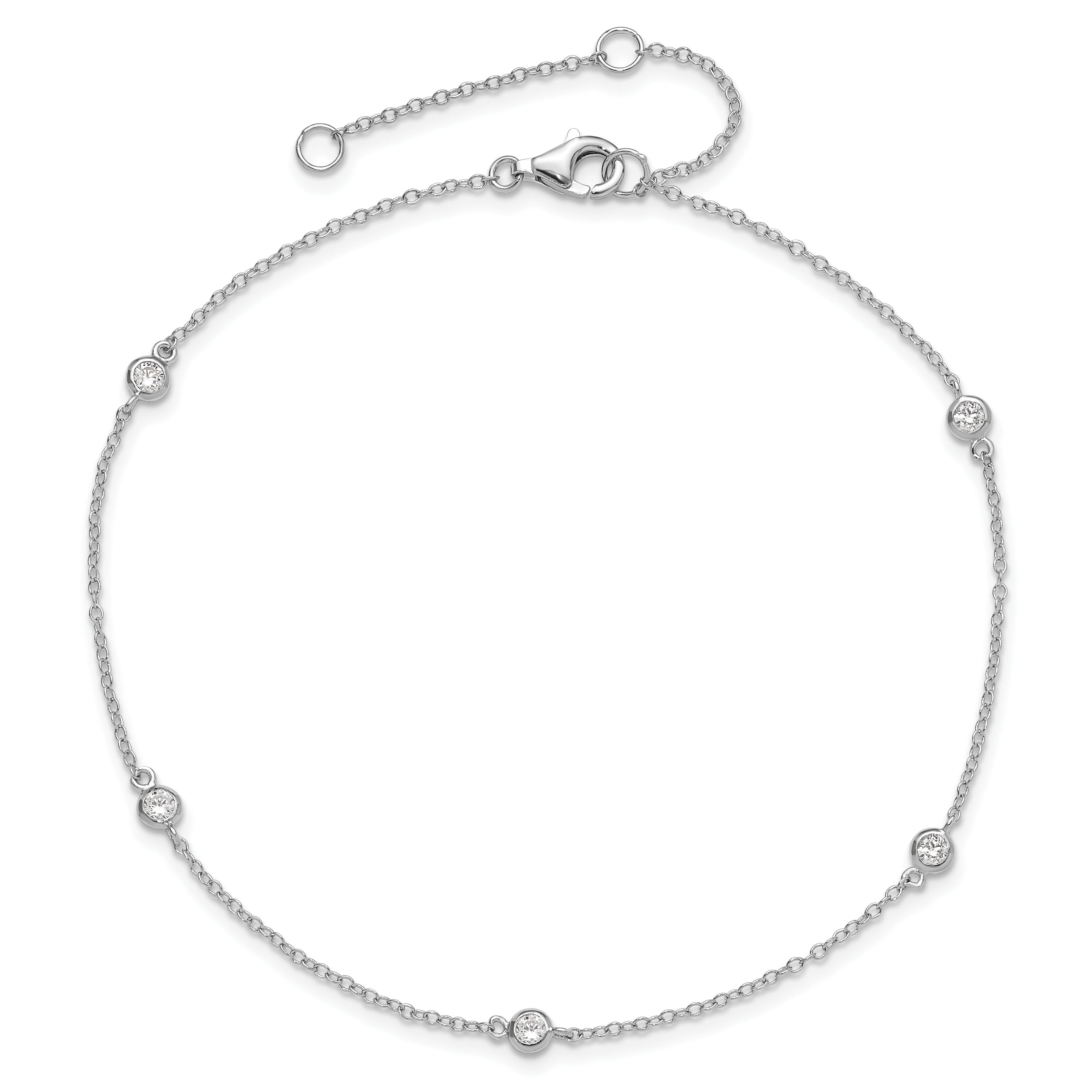 Sterling Silver Rhodium-plated Bezel CZ 5-Station 10 inch Plus 2 inch Extender  - Total 12 inch Anklet